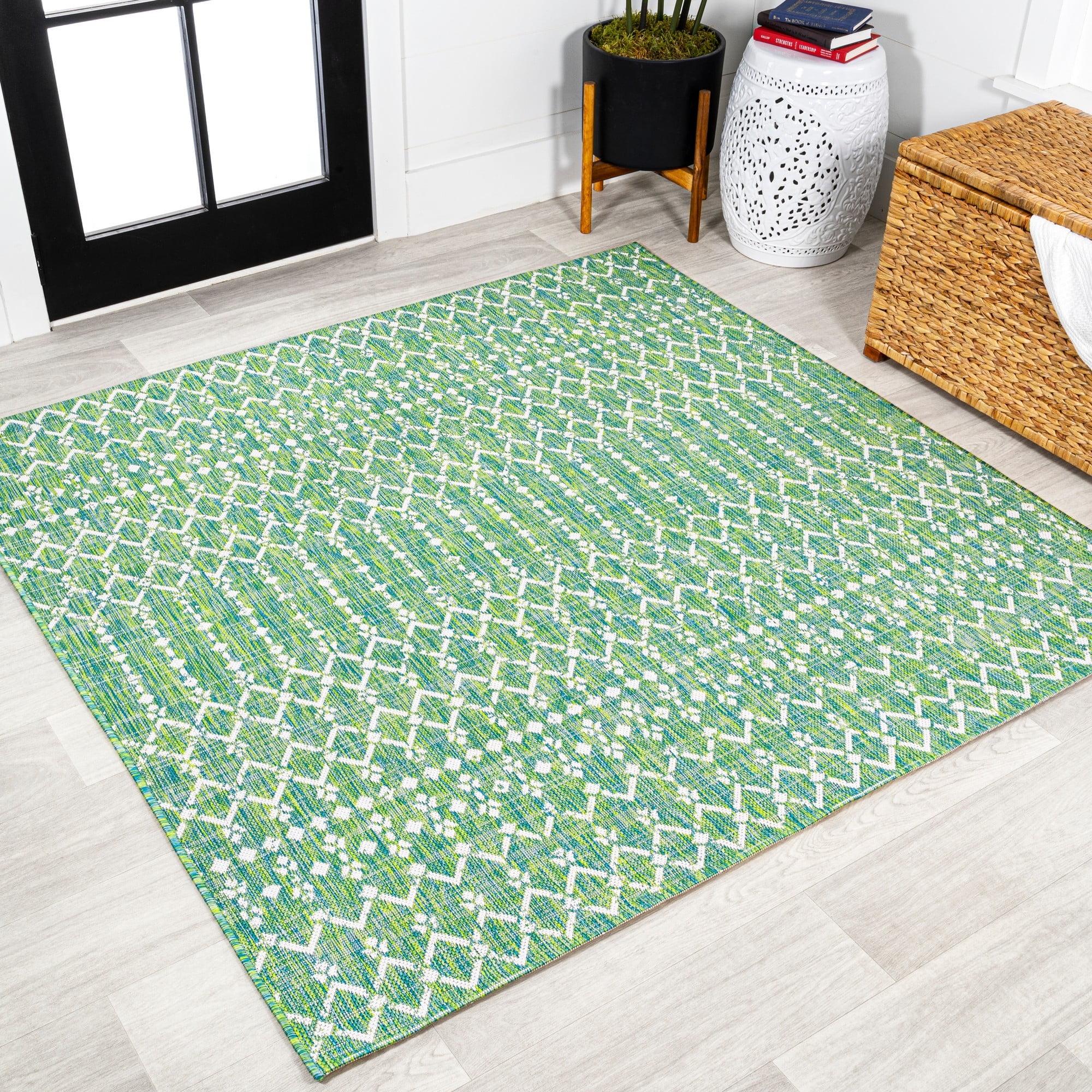 5' x 5' Ourika Moroccan Geometric Textured Weave Indoor/Outdoor Area Rug, Ivory/Green - JONATHAN Y