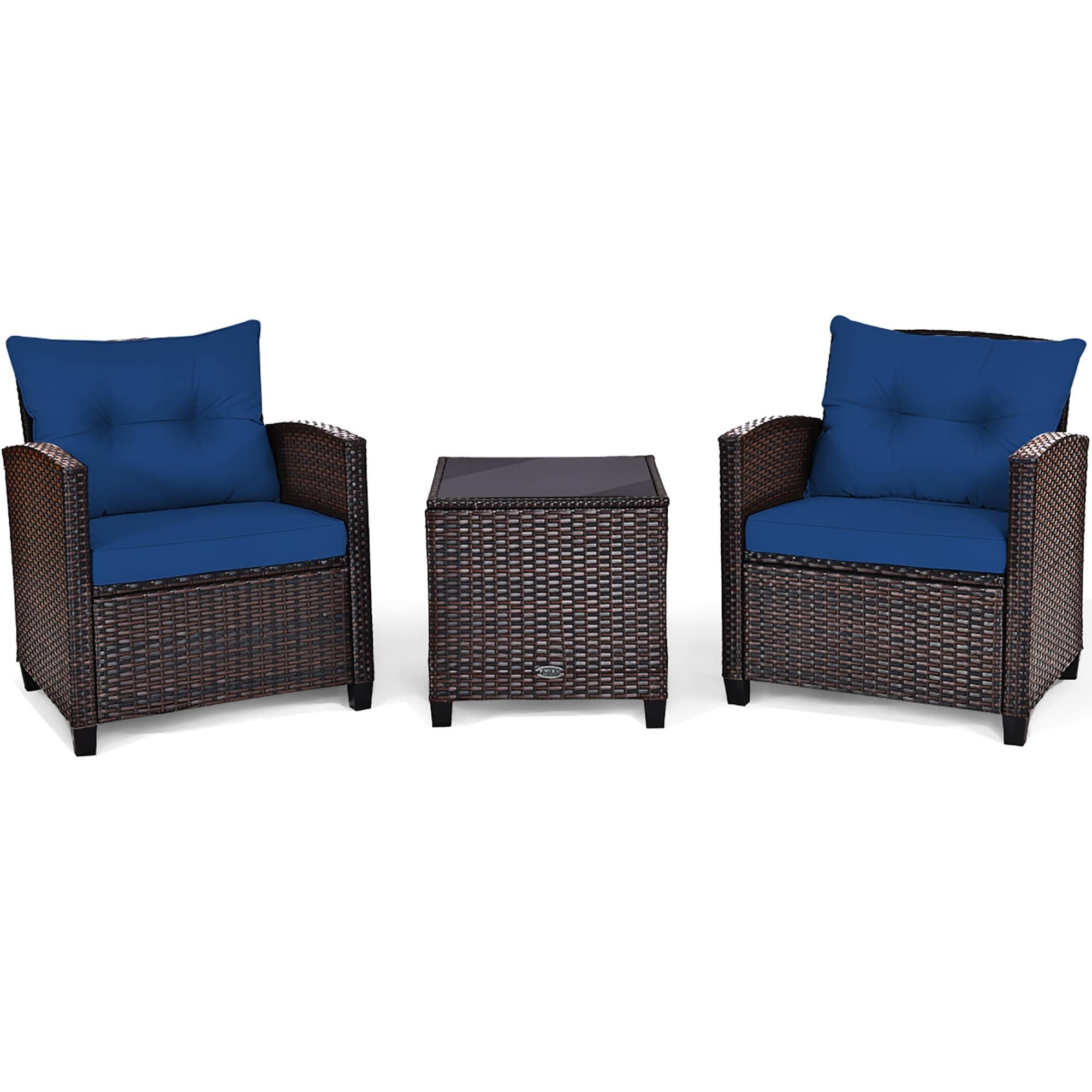 Navy Cushioned Rattan 3-Piece Patio Conversation Set