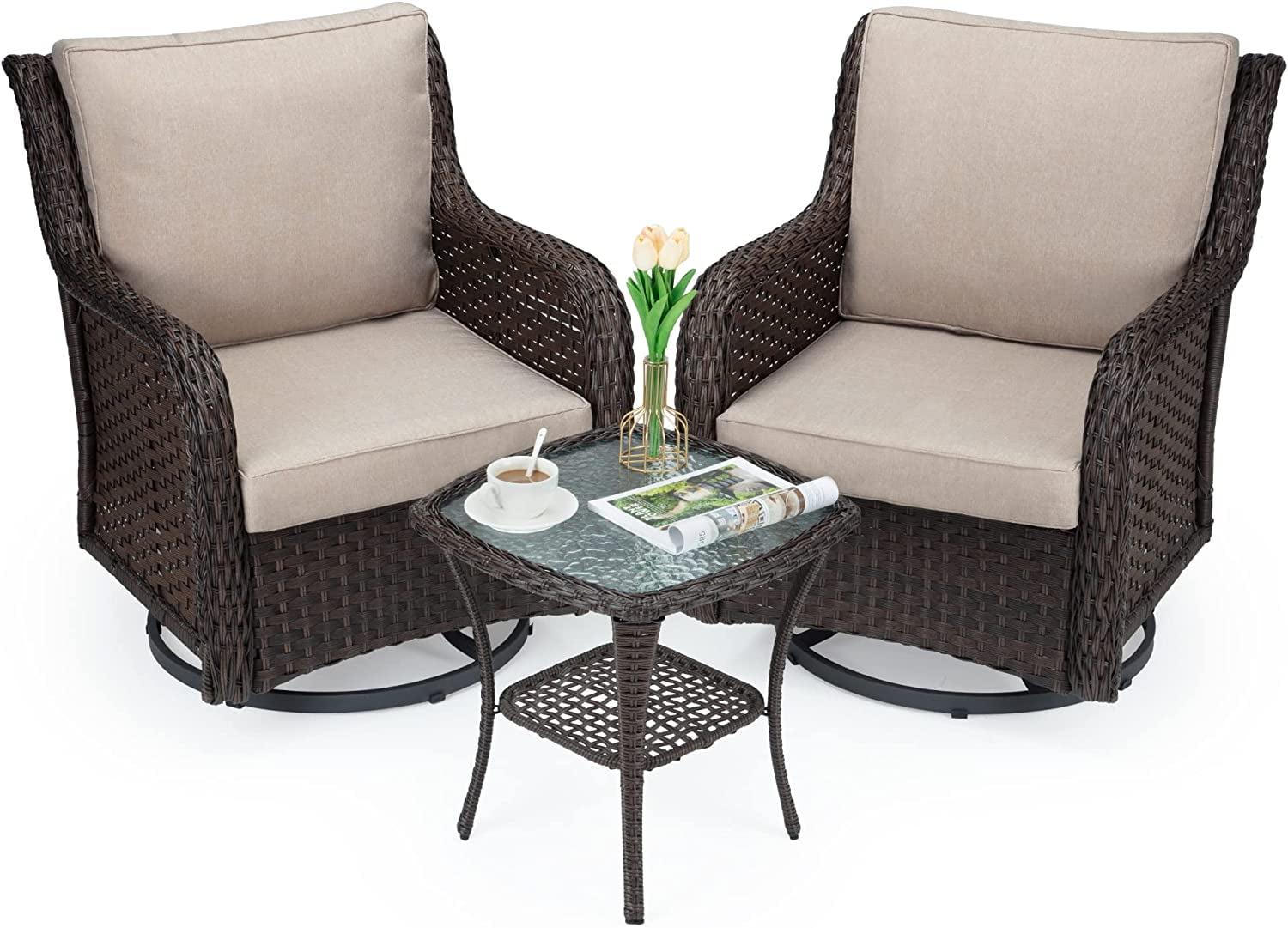 Beige Wicker Patio Bistro Set with Cushions and Glass Top Table