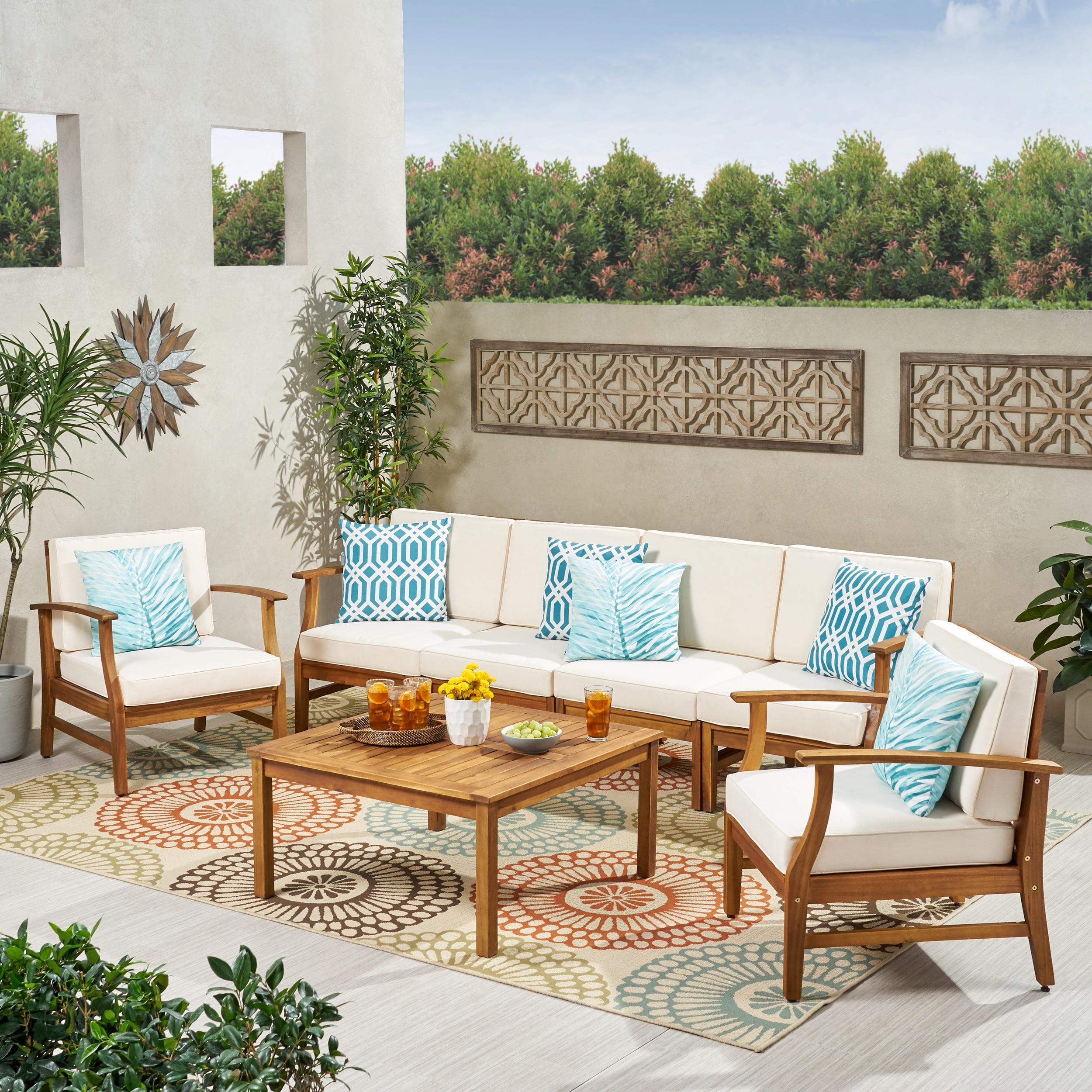 Teak Wood 6-Person Outdoor Sofa and Armchair Set with Cream Cushions