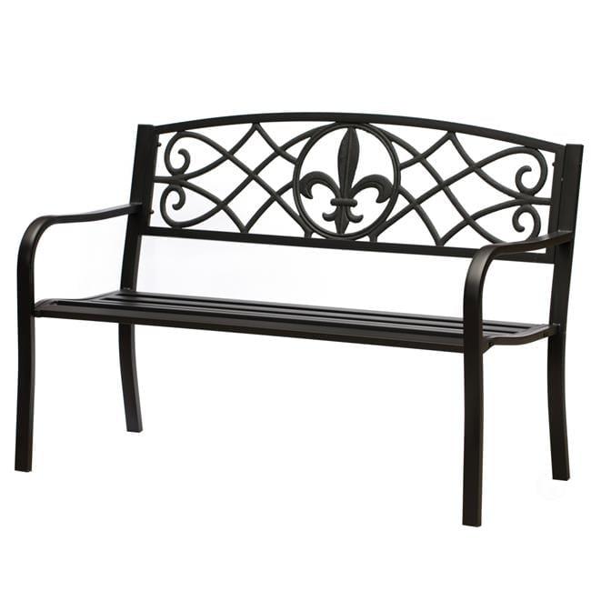 Outdoor Garden Patio Steel Park Bench Lawn Decor with Cast Iron Unique Design Back, Black Seating Bench for Yard, Patio, Garden, Balcony, and Deck
