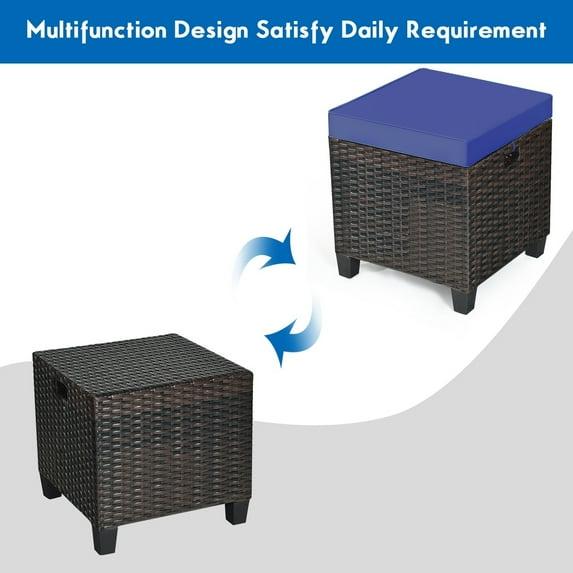 Outdoor Cushioned Rattan Wicker Ottomans (Set of 2) Navy