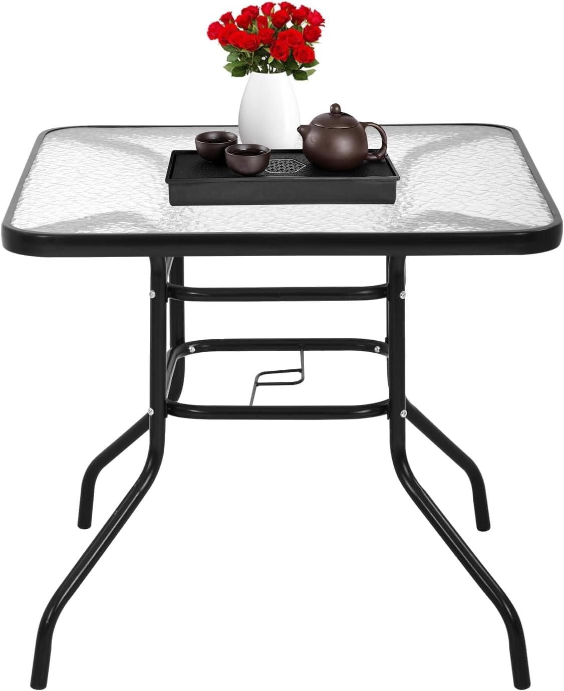 Lark Manor™ Aliyahna 32'' Patio Square Table Tempered Glass Steel Frame Outdoor Pool Yard Garden