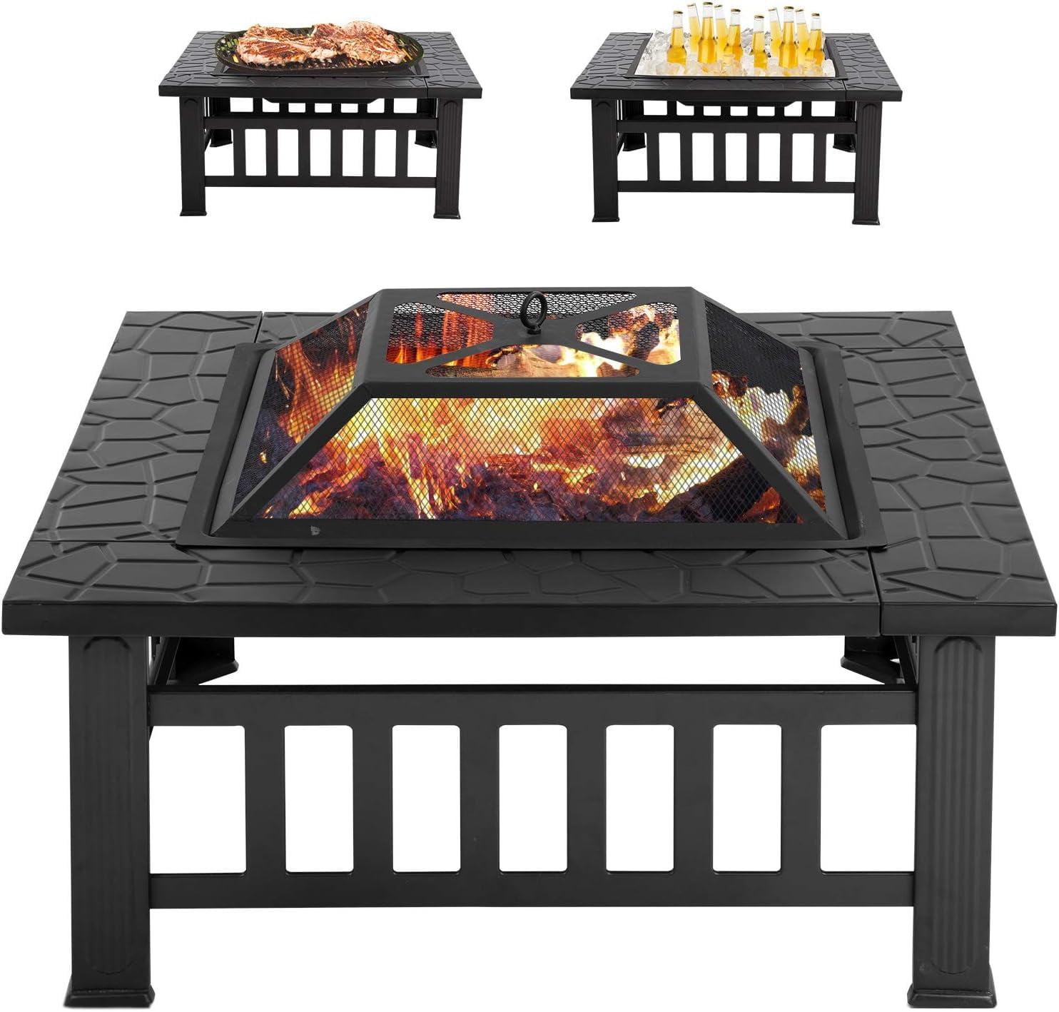 Outdoor Fire Pit for Wood 32" Metal Firepit for Patio Wood Burning Fireplace Square Garden Stove with Charcoal Rack, Poker & Mesh Cover for Camping Picnic Bonfire Backyard