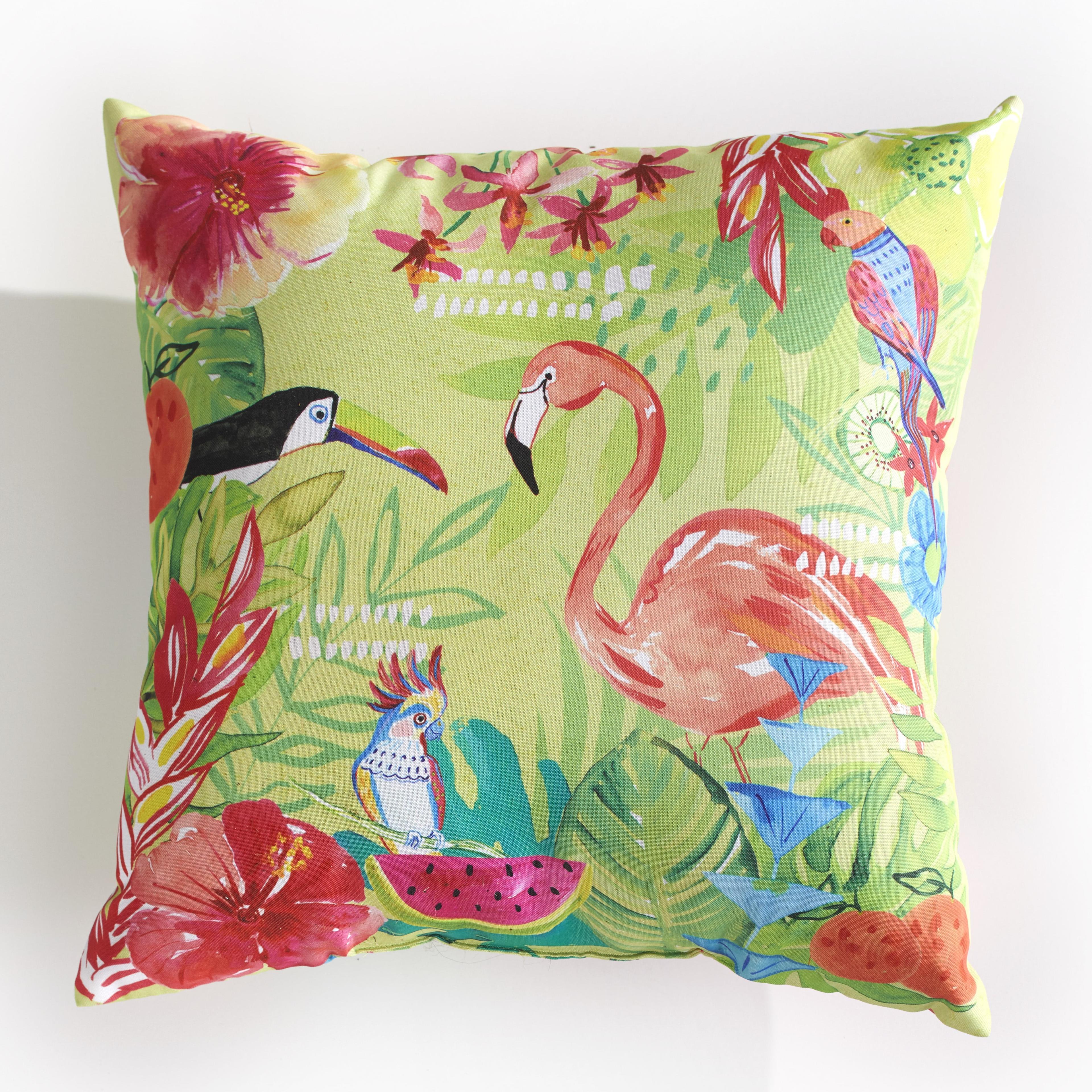 Green Tropical Birds Polyester Outdoor Throw Pillow