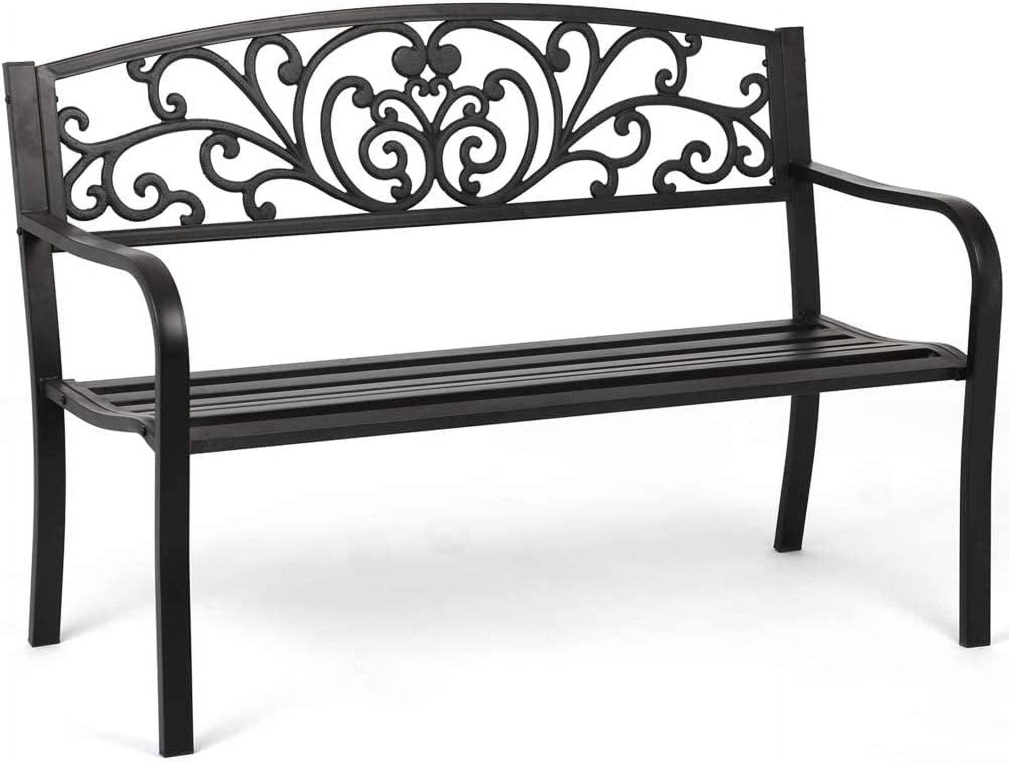 Black Steel Outdoor Bench with Floral Backrest, 52"