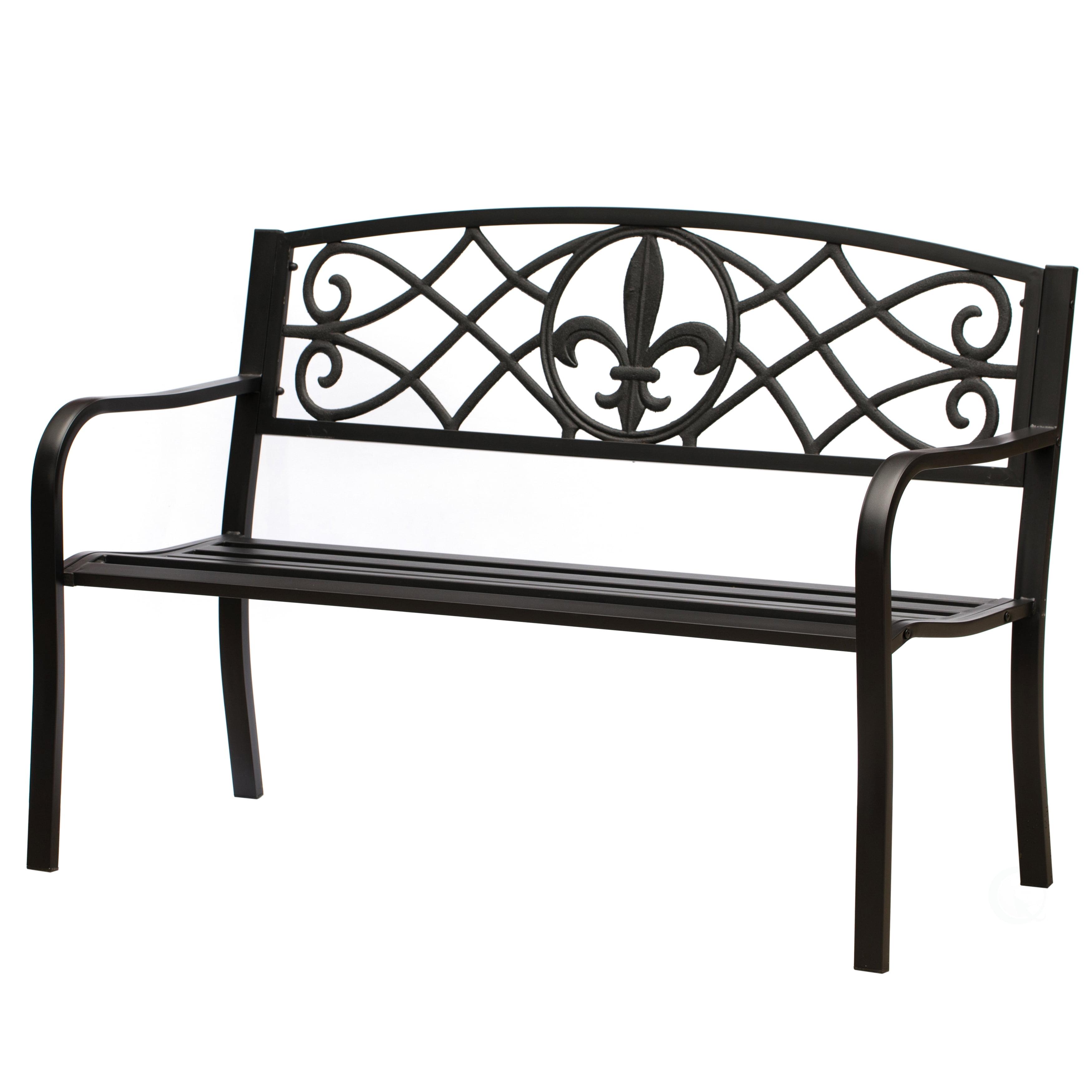 Outdoor Garden Patio Steel Park Bench Lawn Decor with Cast Iron Unique Design Back, Black Seating Bench for Yard, Patio, Garden, Balcony, and Deck