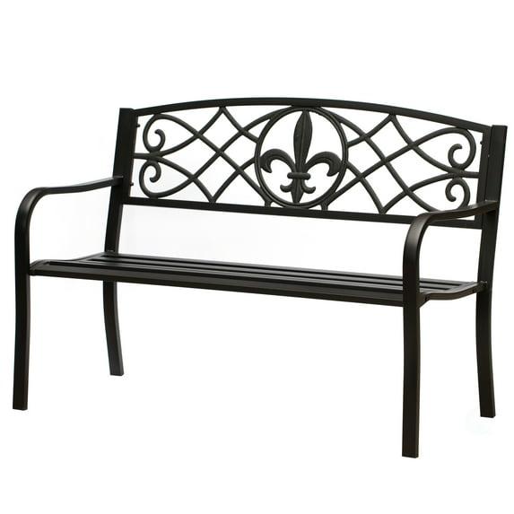 Outdoor Garden Patio Steel Park Bench Lawn Decor with Cast Iron Unique Design Back, Black Seating Bench for Yard, Patio, Garden, Balcony, and Deck