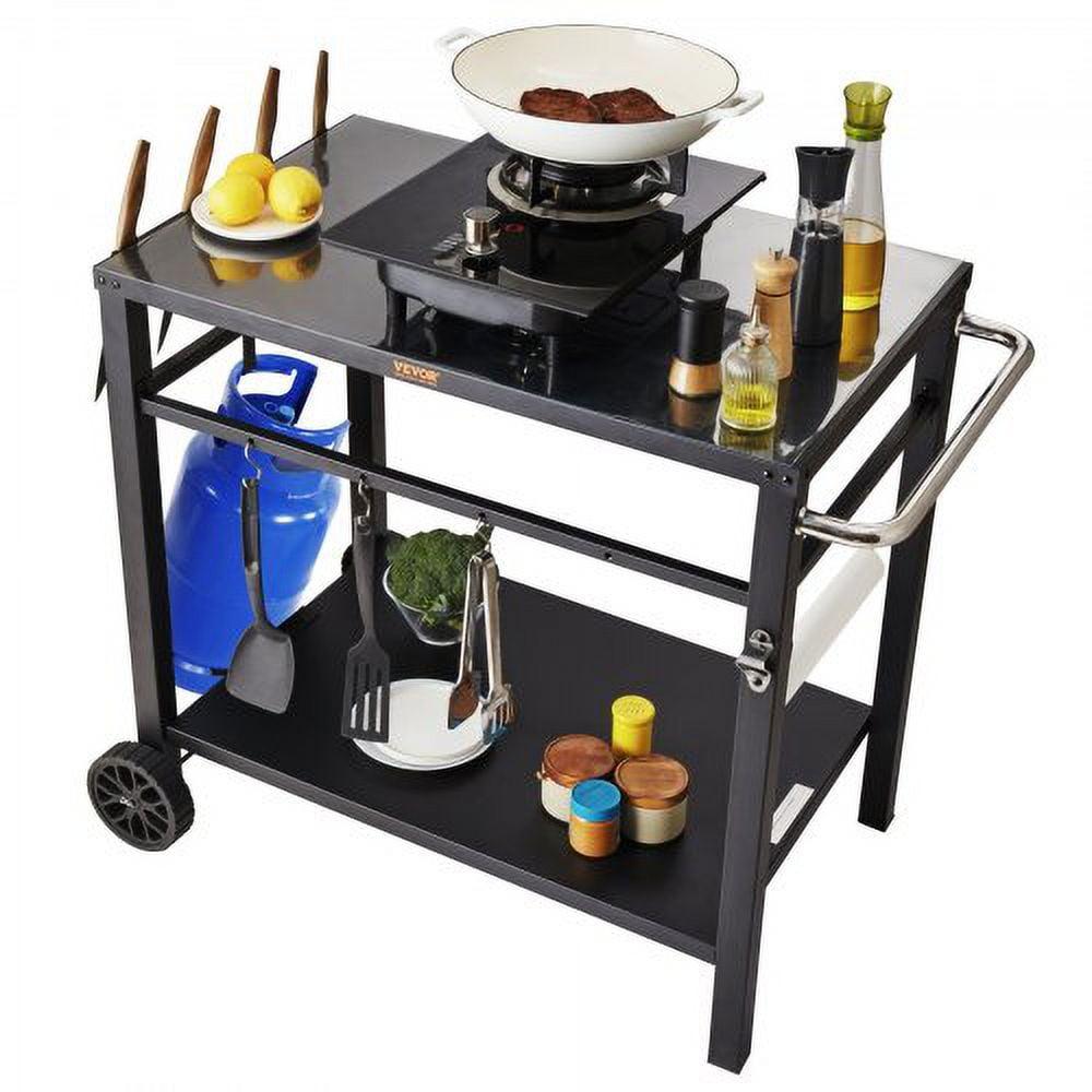 Outdoor Grill Dining Cart with Double-Shelf, BBQ Movable Food Prep Table, Multifunctional Iron Table Top, Portable Modular Carts for Pizza Oven, Worktable with 2 Wheels, Carry Handle, Black