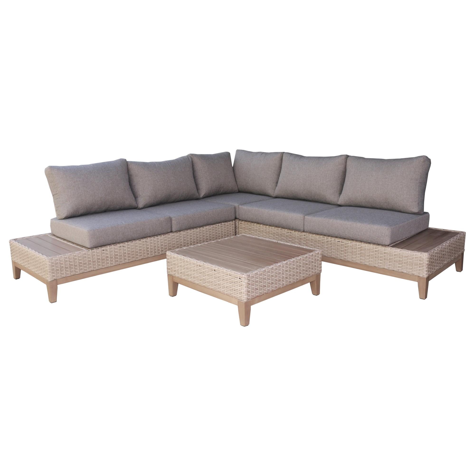 Outdoor Interiors Antique Stained Eucalyptus and Light Beige Wicker Contemporary Sectional Patio Furniture Set, 4 Piece