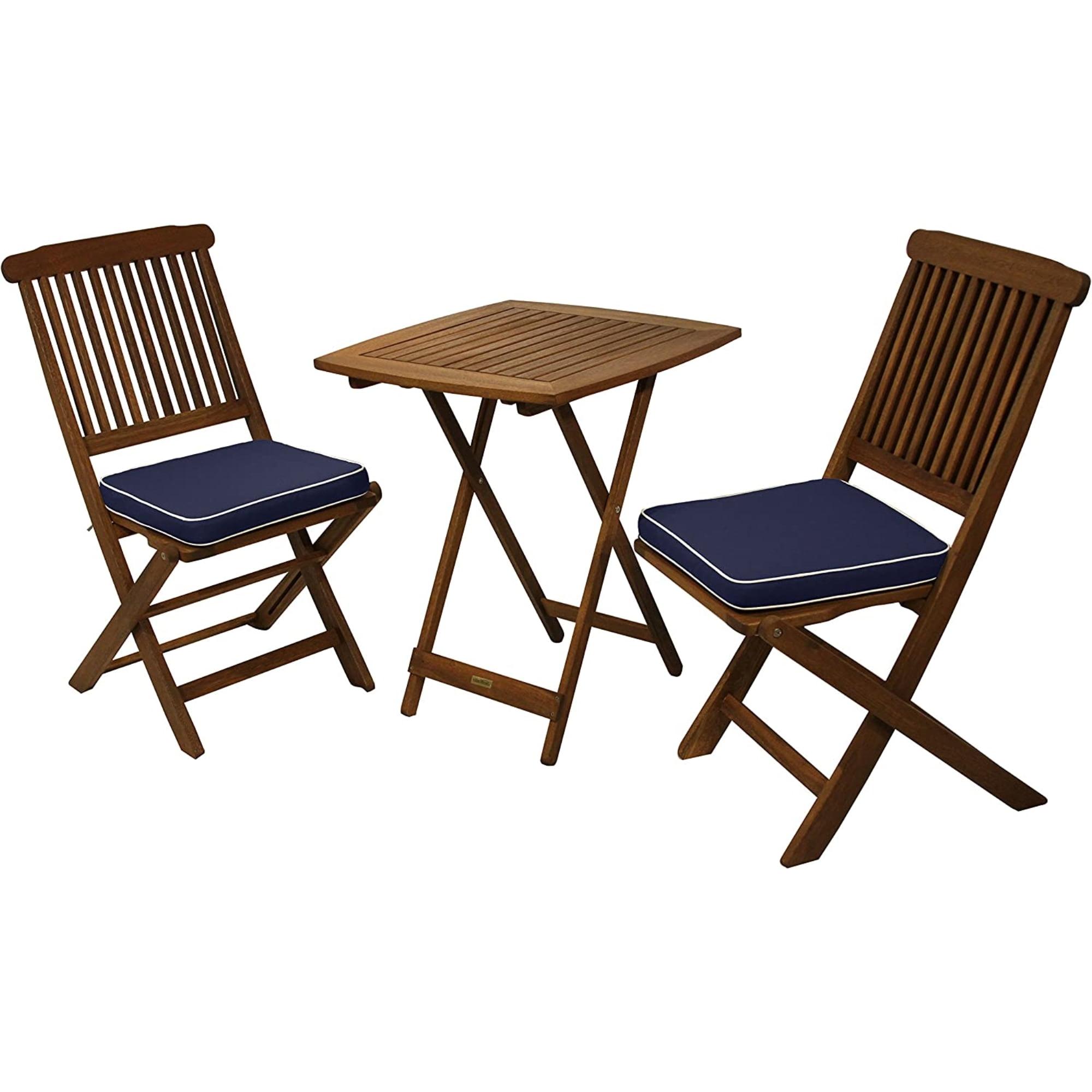 Eucalyptus Wood 3-Piece Foldable Bistro Set with Blue Cushions