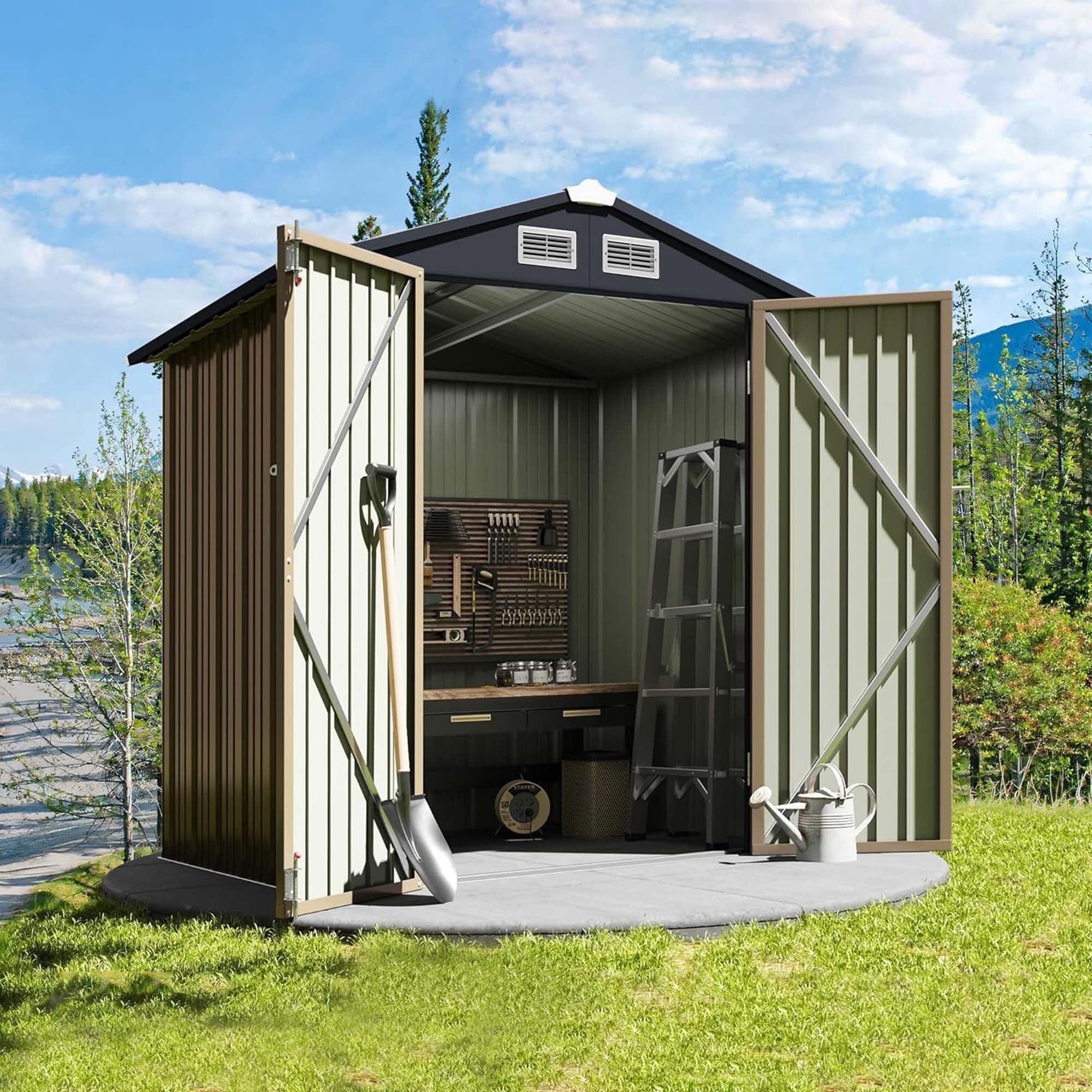 Brown 6 x 4 ft Metal Outdoor Storage Shed with Sliding Doors