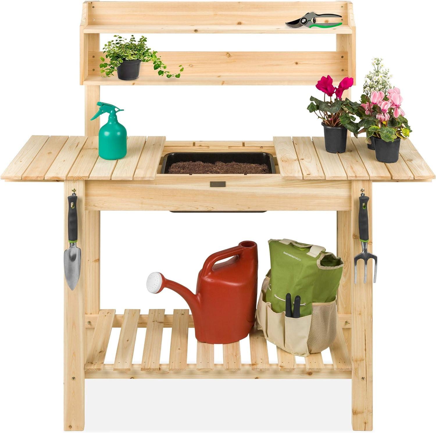 Extendable Natural Fir Wood Garden Potting Bench with Dry Sink and Storage