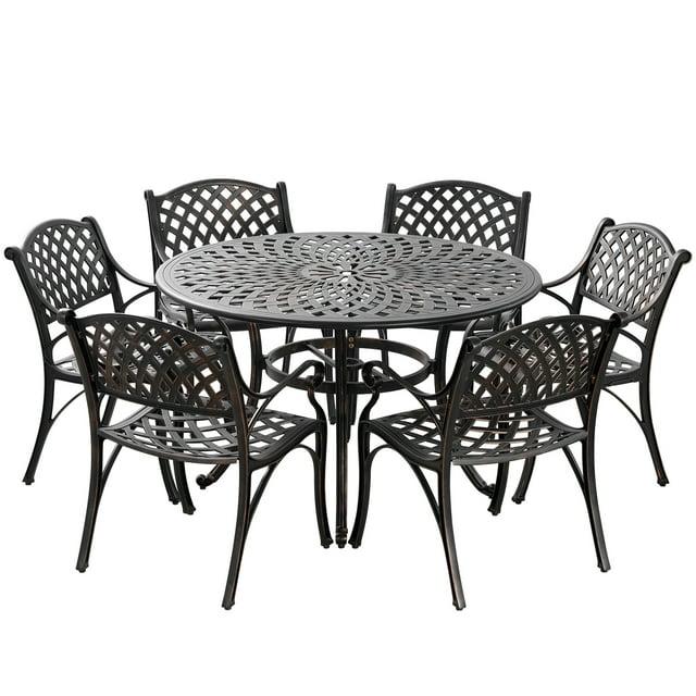PATIO-IN Outdoor Dining Set, 7-Piece Cast Aluminum Patio Table and Chairs Set, Black