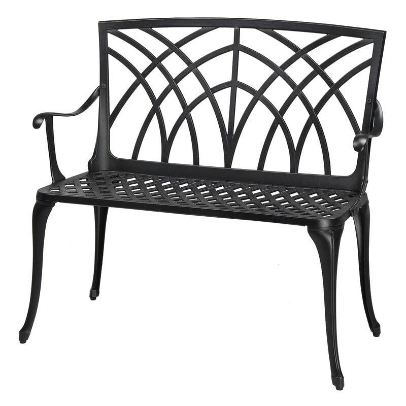 Outdoor Black Powder-Coat Aluminum Garden Bench with Curved Armrests