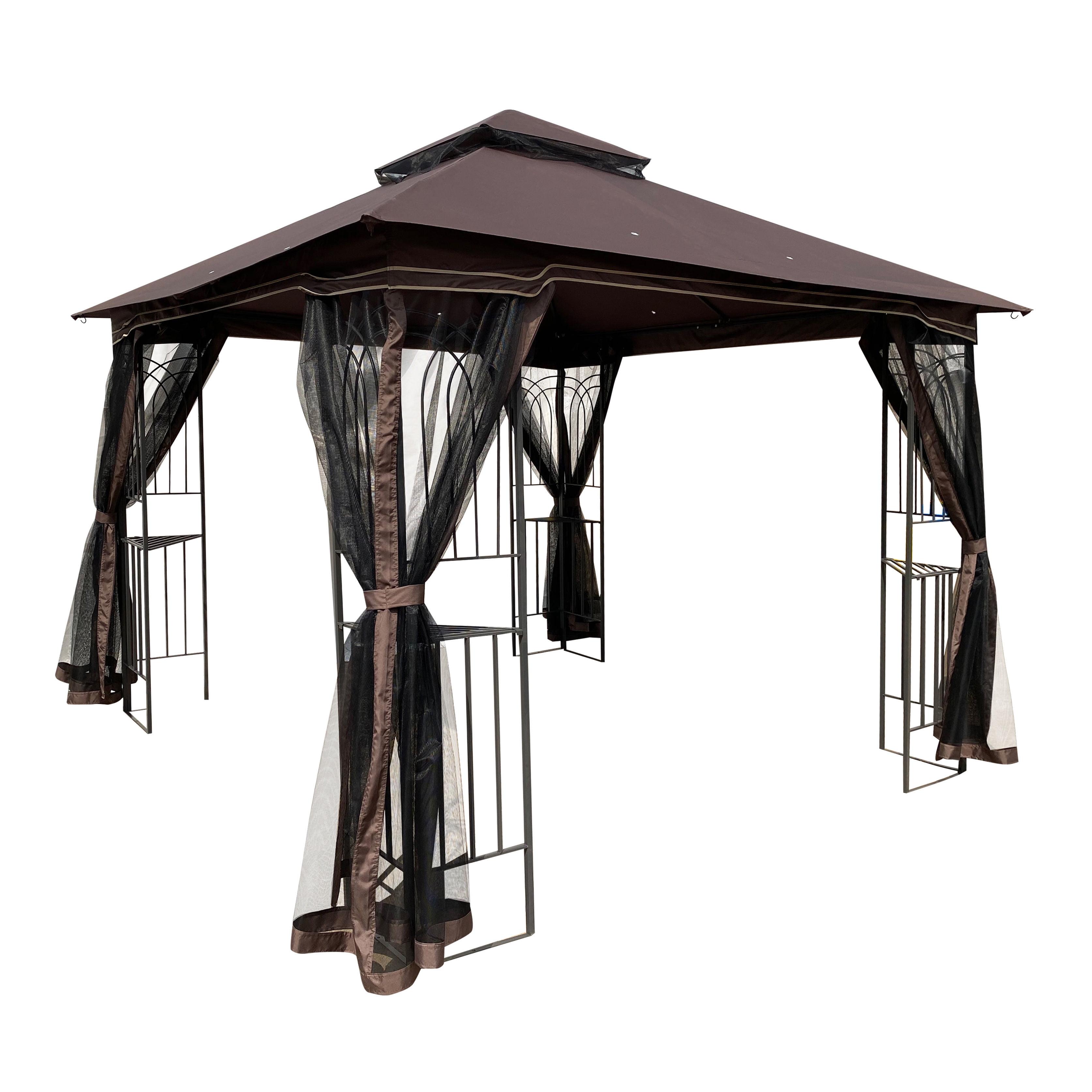 10x10 Brown Steel Patio Gazebo with Double Roof and Mosquito Netting