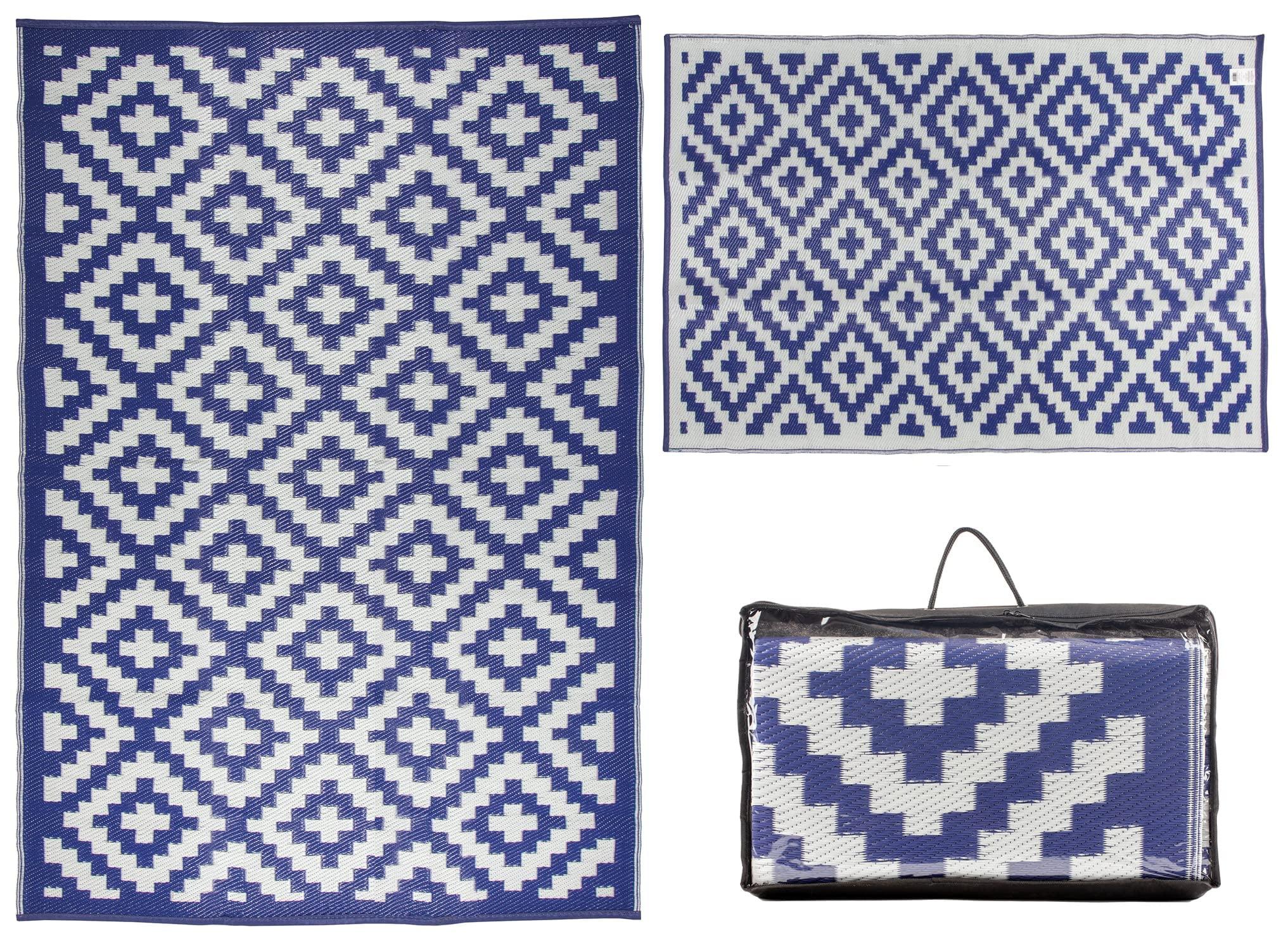 MSRUGS Courtyard Collection Trellis Design Blue/White Reversible Indoor/Outdoor Mat Area Rug with Bag - 9' x 12'