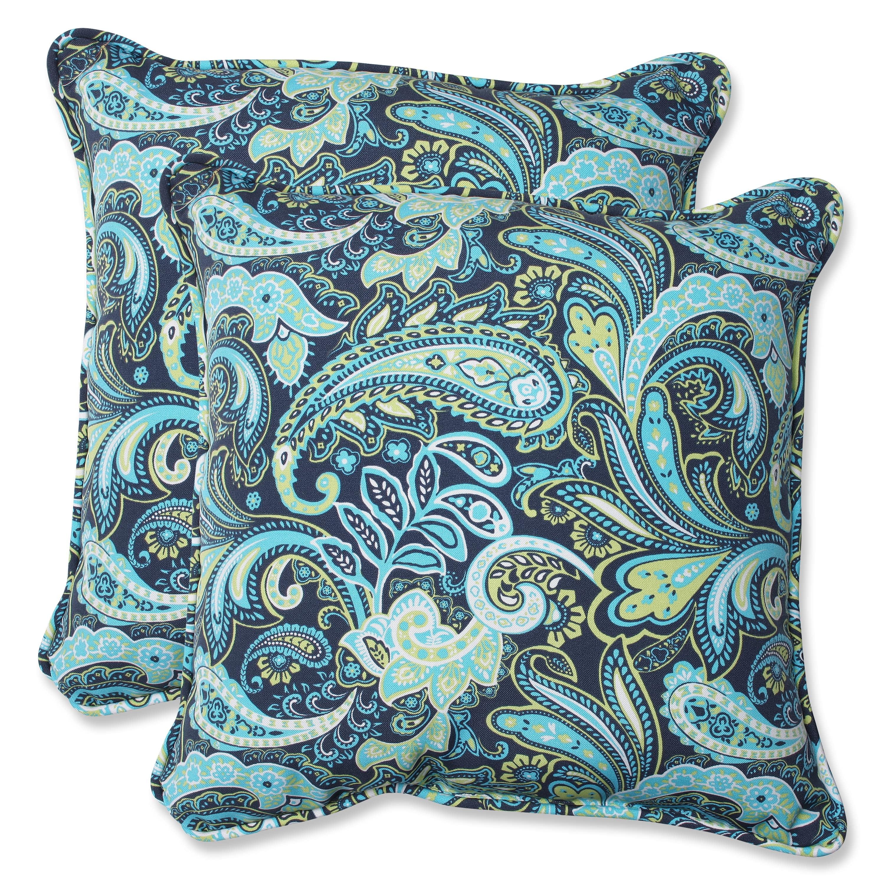 Set of 2 Navy and Aqua Paisley Outdoor Throw Pillows