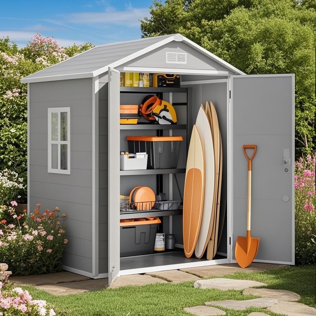 Outdoor Storage Shed with Floor, Lofka 6' x 4' Resin Outdoor Shed with Side windows for Garden, Patios, Backyards, Gray