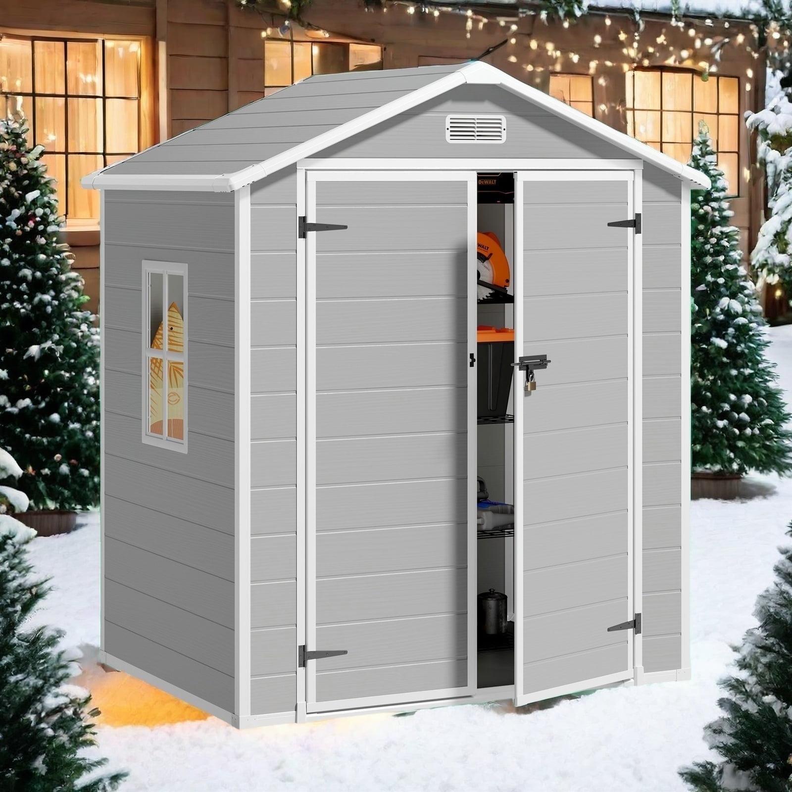 Outdoor Storage Shed with Floor, Lofka 6' x 4' Resin Outdoor Shed with Side windows for Garden, Patios, Backyards, Gray