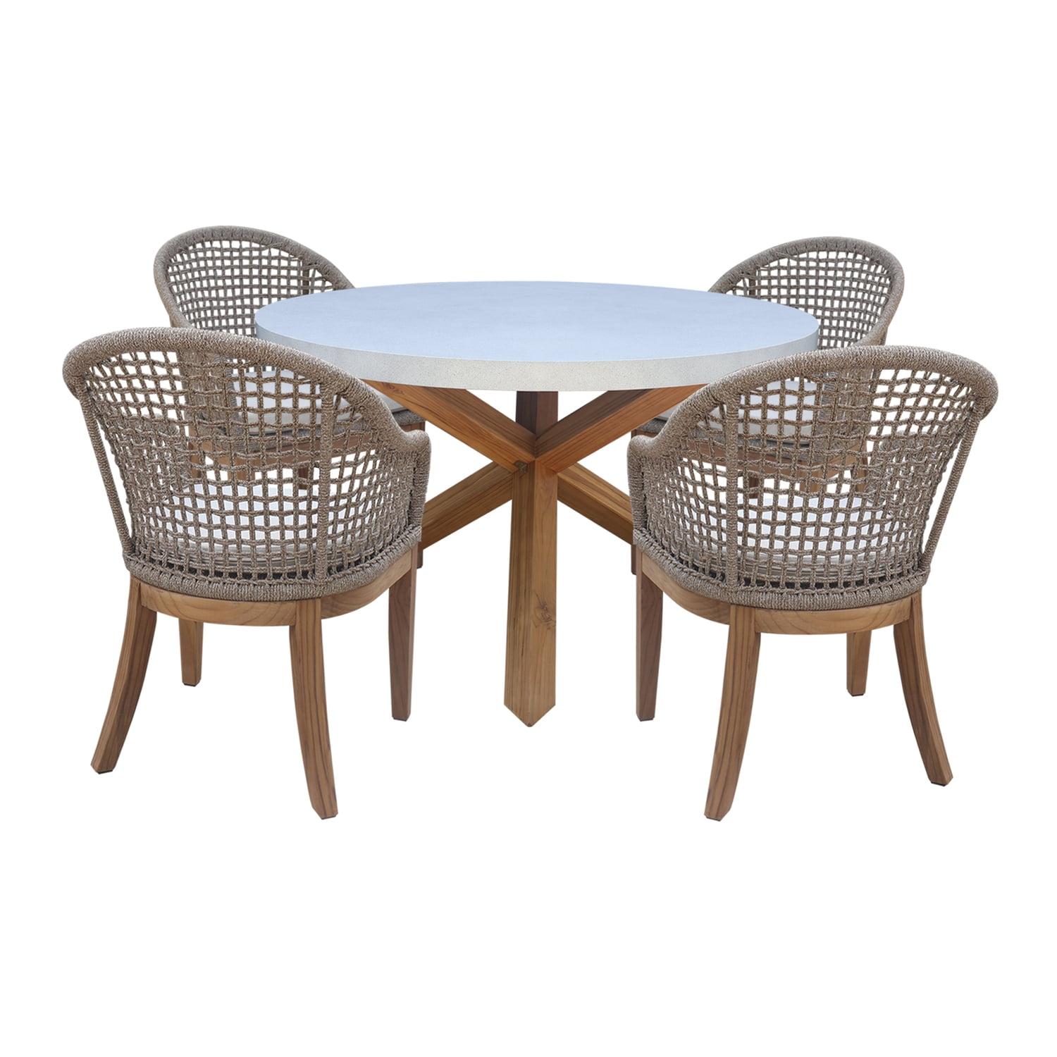 International Concepts 5pc Teak Outdoor Patio Dining Set with Round Table and Chairs: Foam Cushions, Metal Hardware