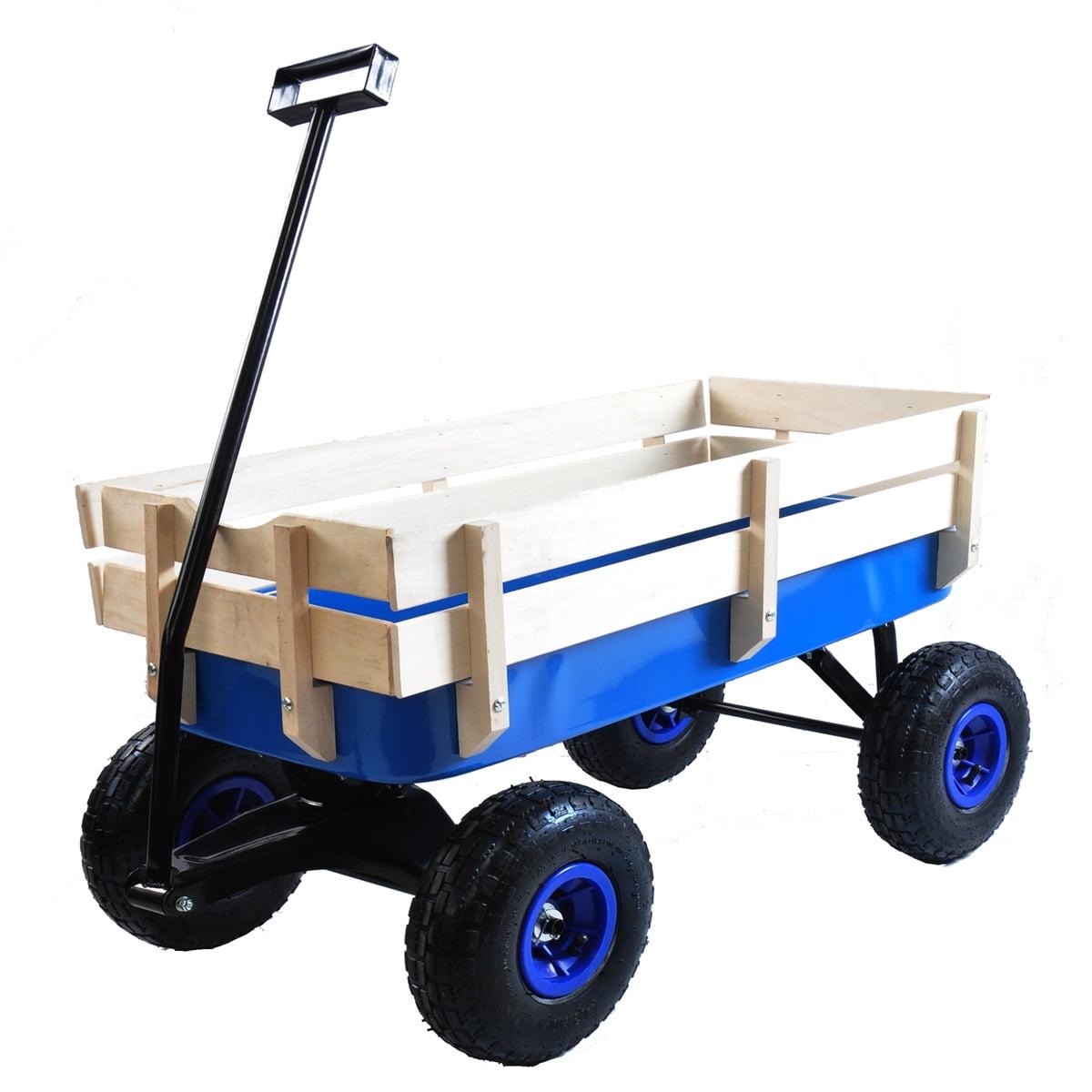 Blue Steel and Wood All Terrain Garden Wagon with Air Tires