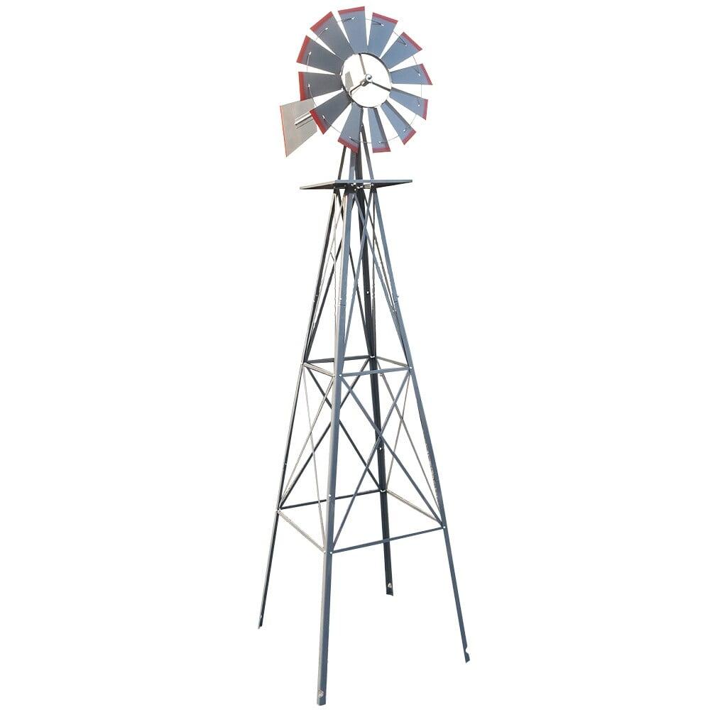 Outdoor Weather Resistant Yard Garden Windmill 8FT Gray&Red