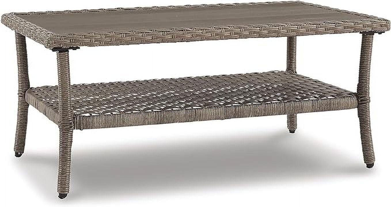Transitional Beige and Brown Handwoven Wicker Rectangular Coffee Table