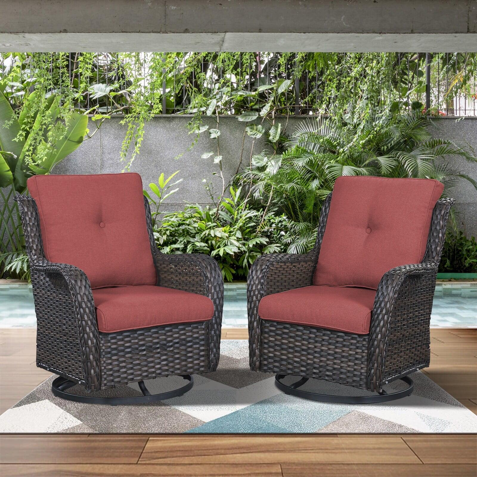 Brown-Red Outdoor Wicker Rocking Lounge Chairs with Cushions