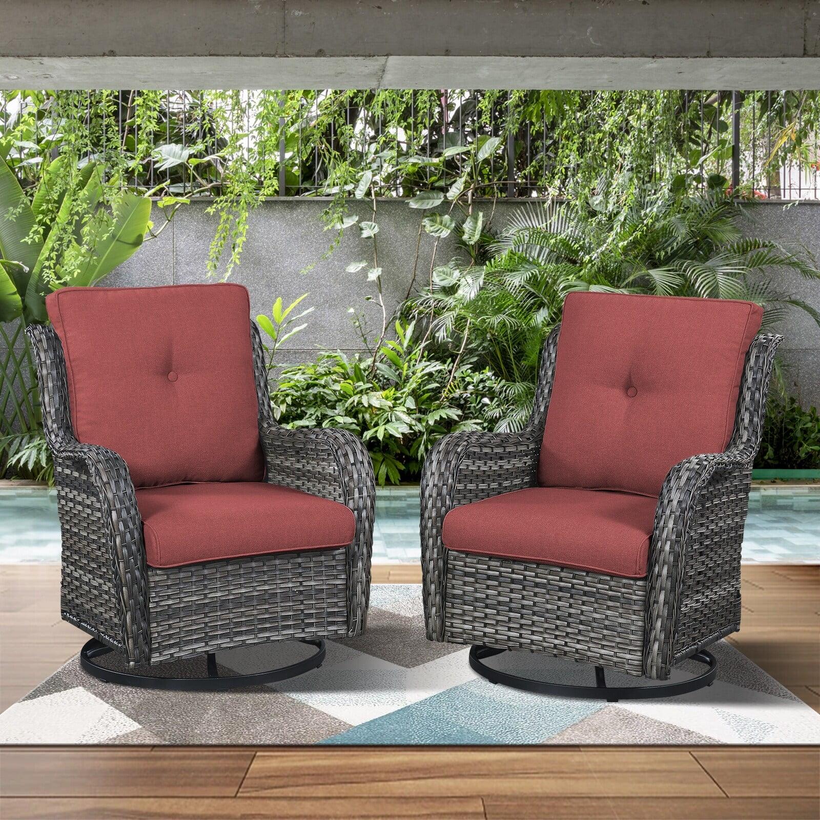 Outdoor Wicker Rocking Lounge Chairs with Swivel Base (Set of 2) Grey-Red