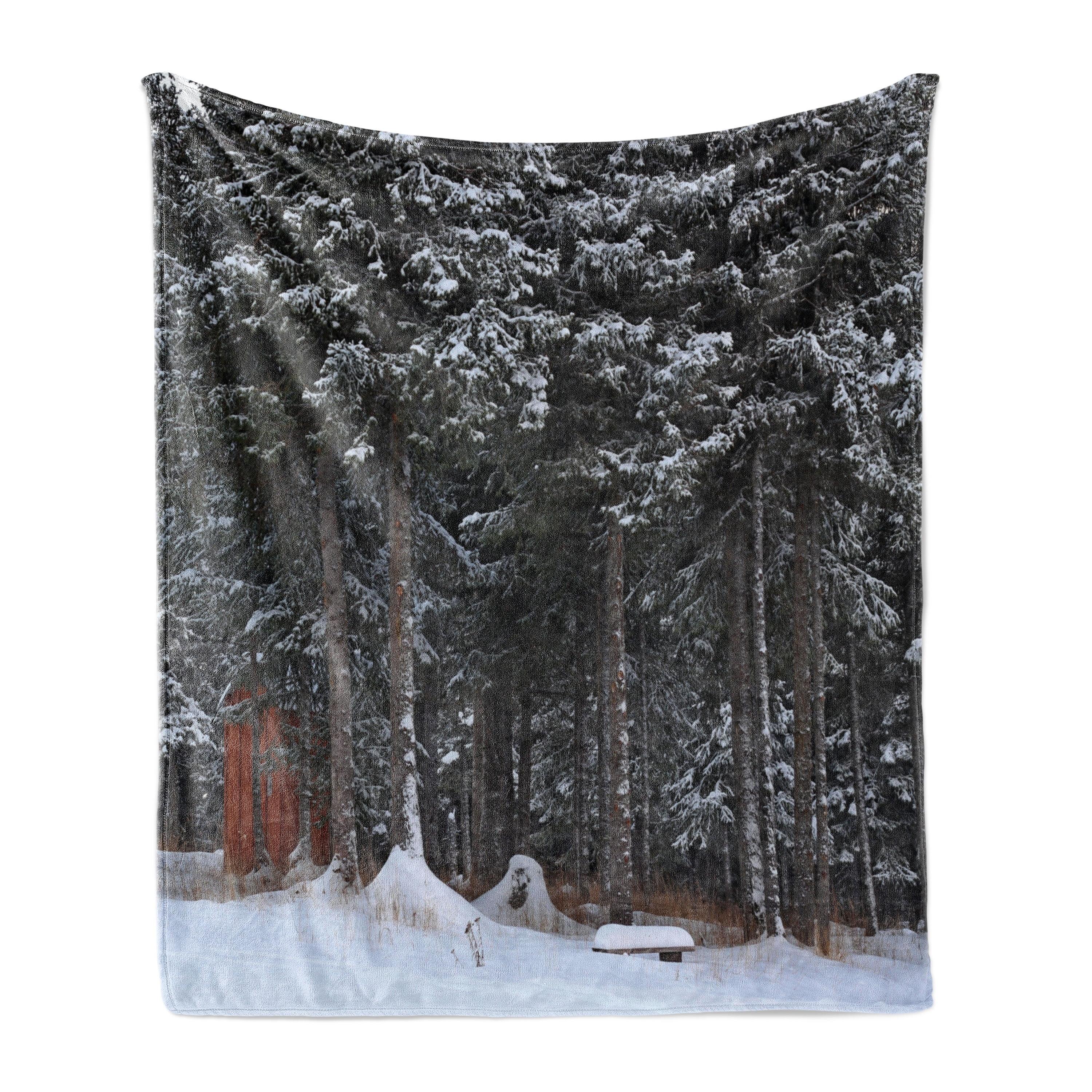 Dark Green and White Fleece Throw Blanket with Snowy Forest Photo, 50" x 60"