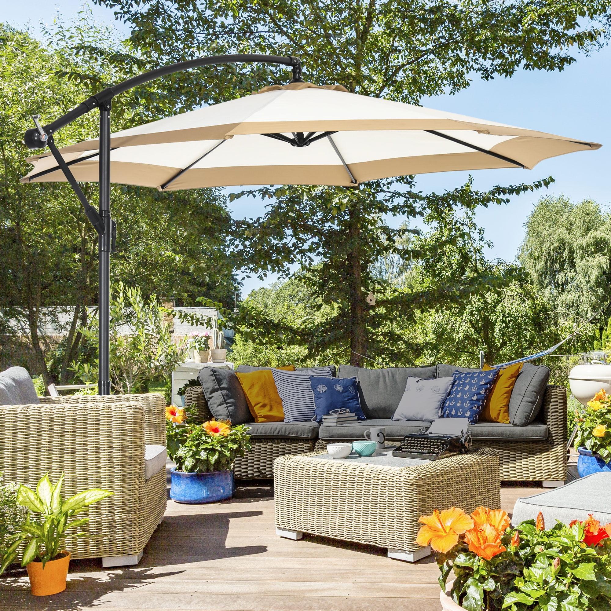 Tan Cantilever Patio Umbrella with Crank and Cross Base