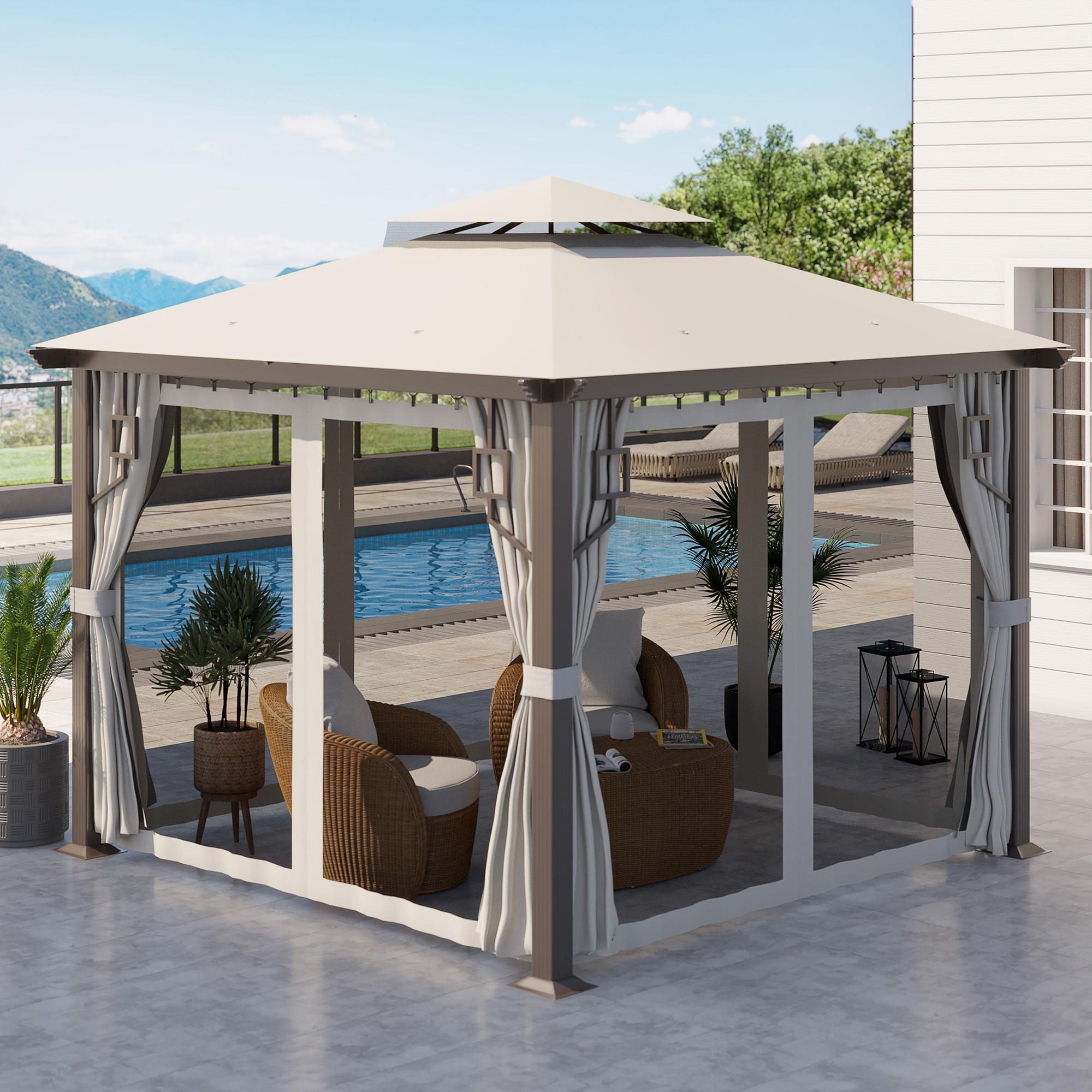 Outsunny 10' x 10' Patio Gazebo Outdoor Canopy Shelter with Aluminum Frame, Double Tier Roof, Netting and Curtains for Garden, Lawn, Cream White