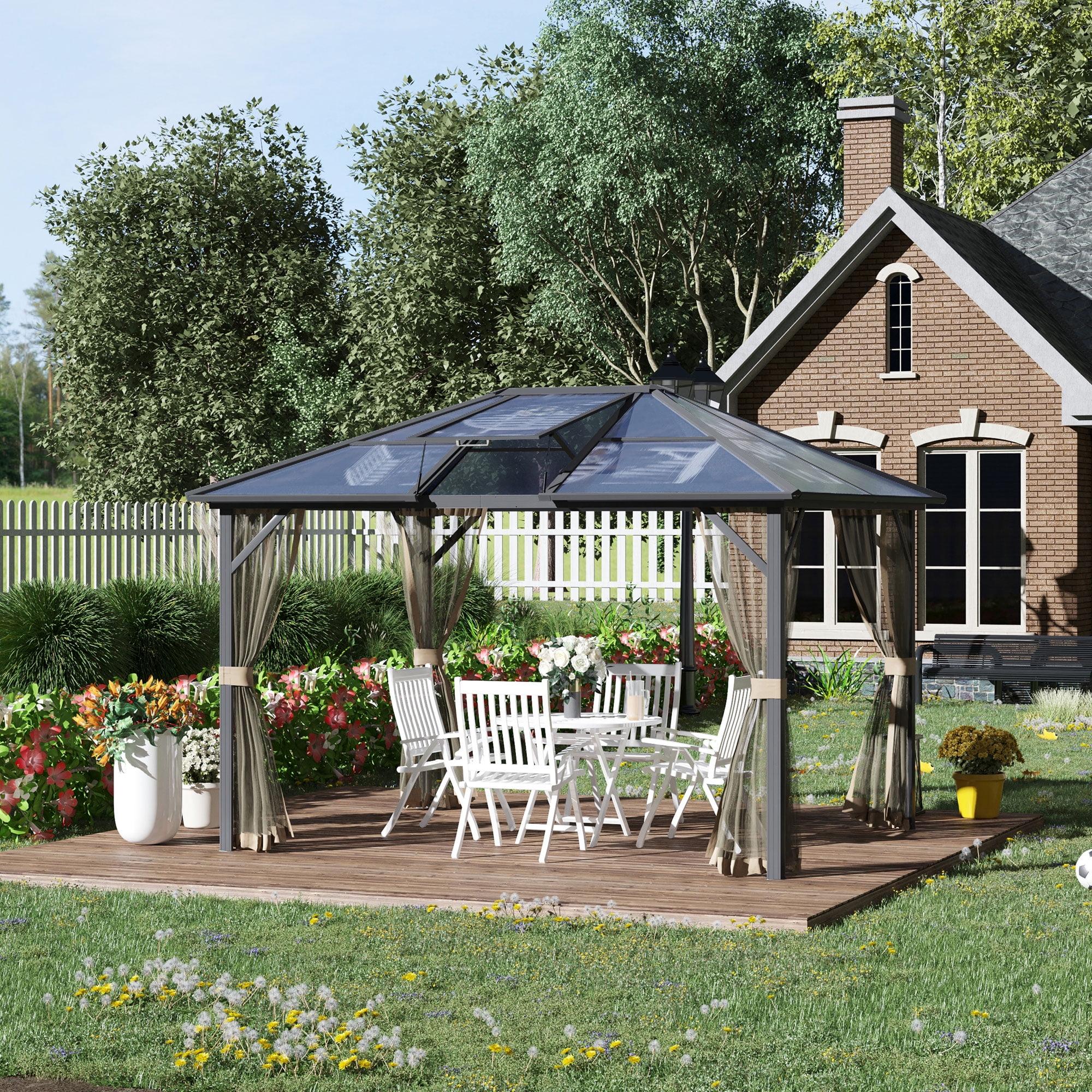 Gray Aluminum Frame Hardtop Gazebo with Polycarbonate Roof and Netting