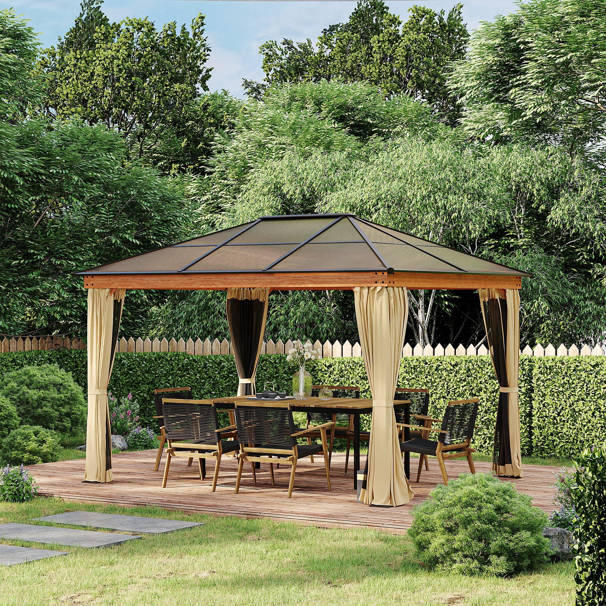 Outsunny 10' x 12' Hardtop Polycarbonate Gazebo Canopy, Aluminum Frame Pergola with Top Vent, Netting & Sidewalls for Garden, Patio, Khaki