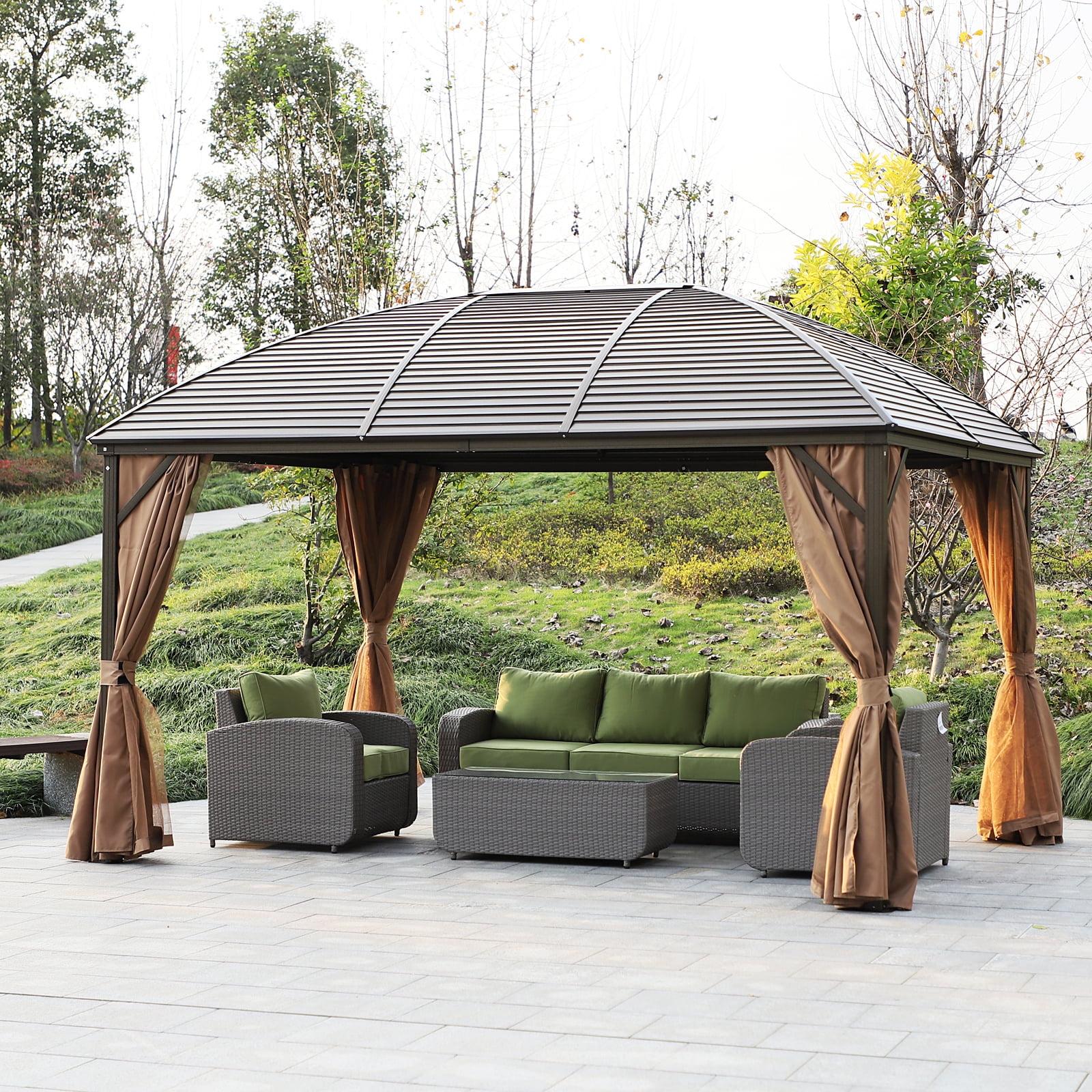 Outsunny Hardtop Gazebo  Pavilion with Curtains, Netting, Steel Roof, Aluminum Frame, and Ceiling Hook for Garden, Patio