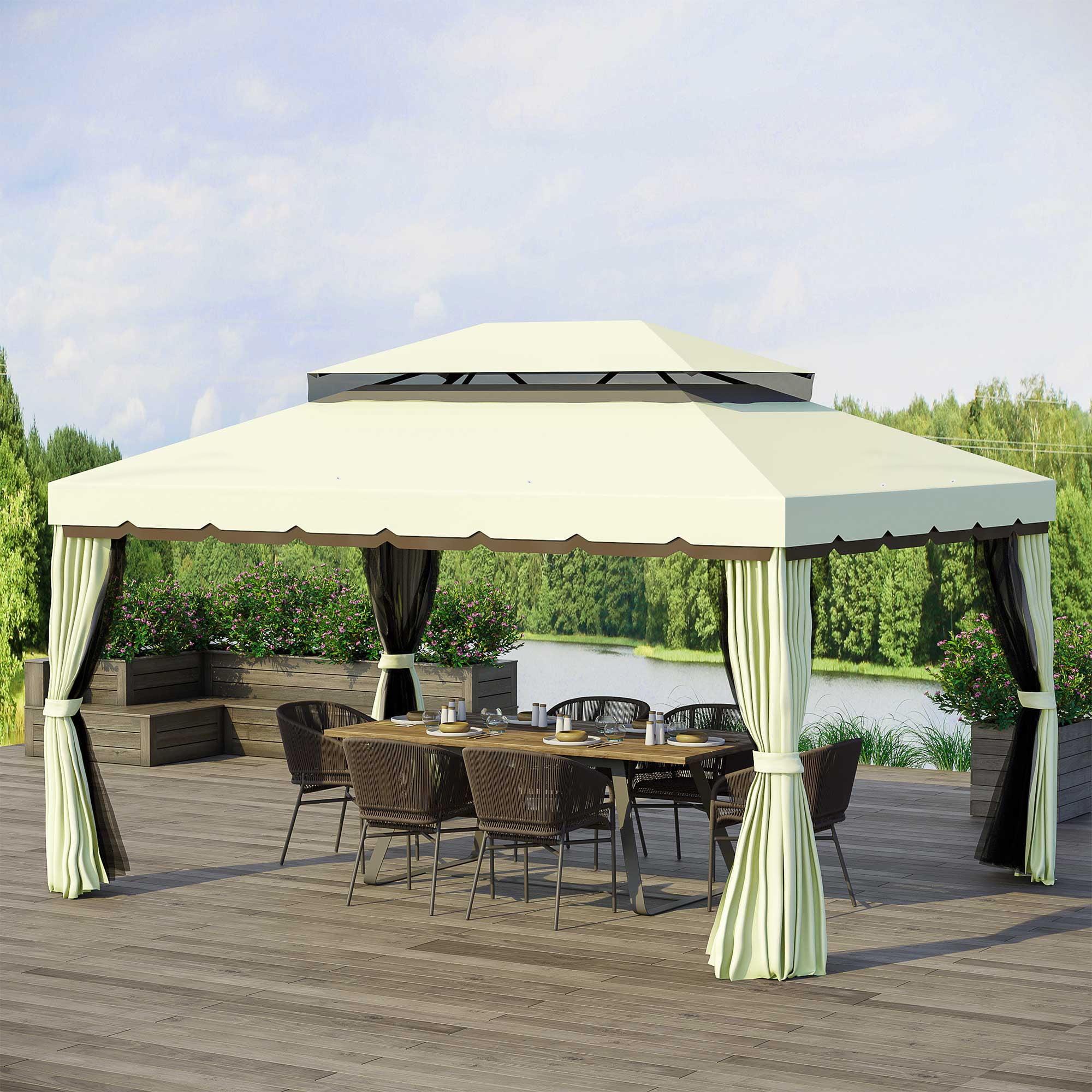 Outsunny 10' x 13' Patio Gazebo, 2-Tier Polyester Roof, Vented Canopy, Mesh, Portable Aluminum Frame for Outdoor, Cream White