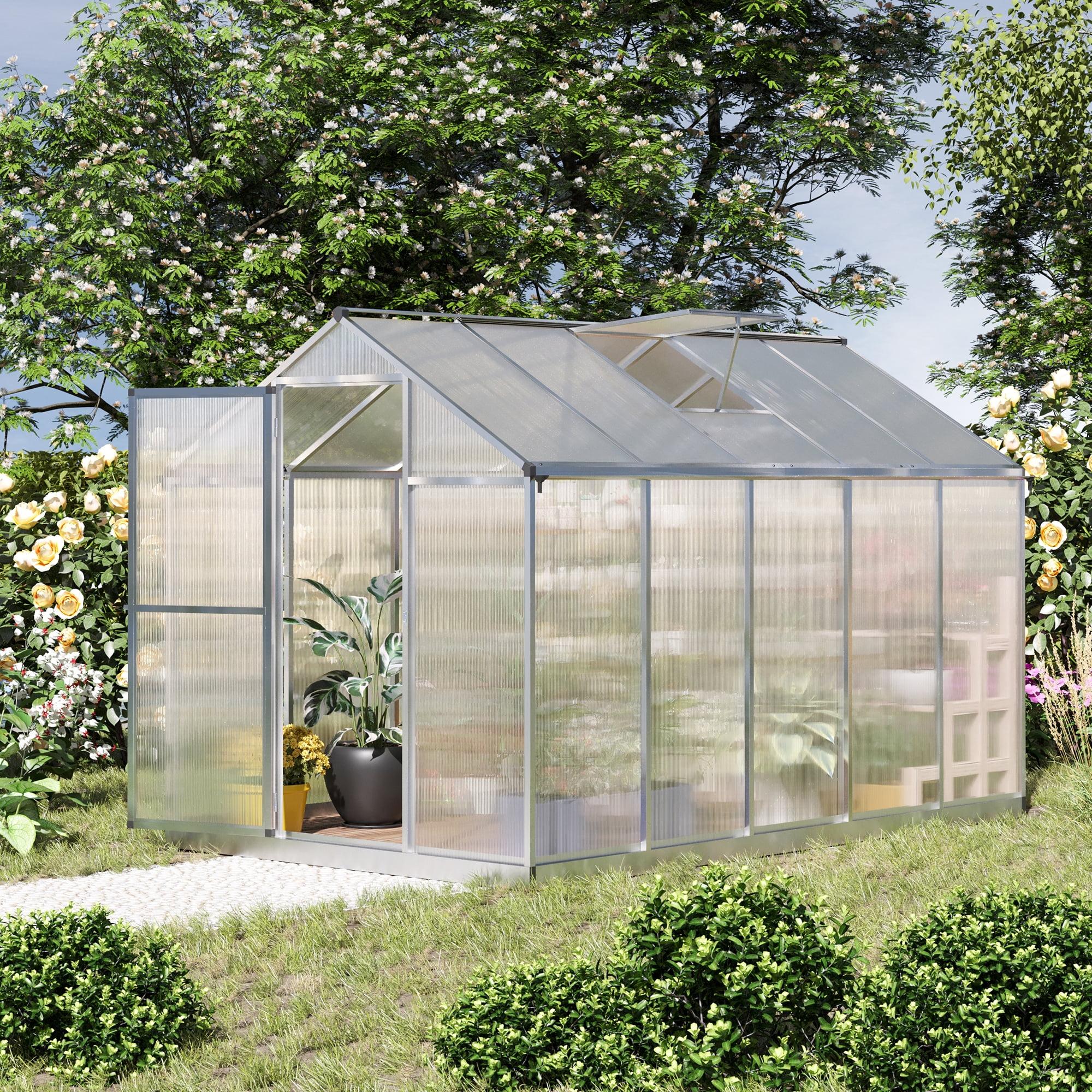 Outsunny Walk-In Polycarbonate Greenhouse with Roof Vent for Ventilation & Rain Gutter, Hobby Greenhouse for Winter