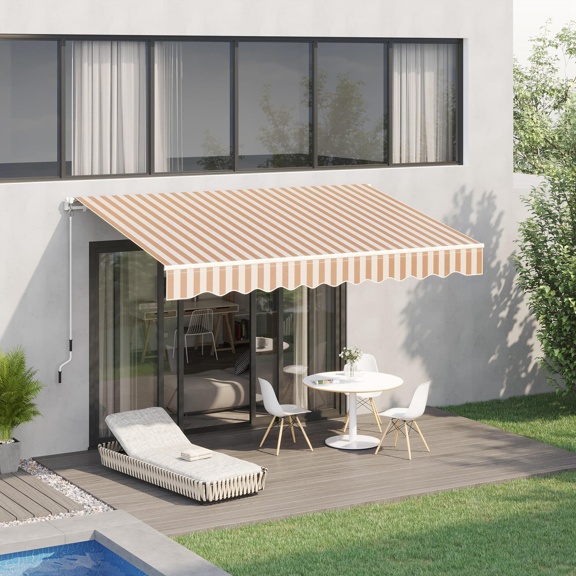 Beige Striped 10' x 8' Retractable Patio Awning with Aluminum Frame