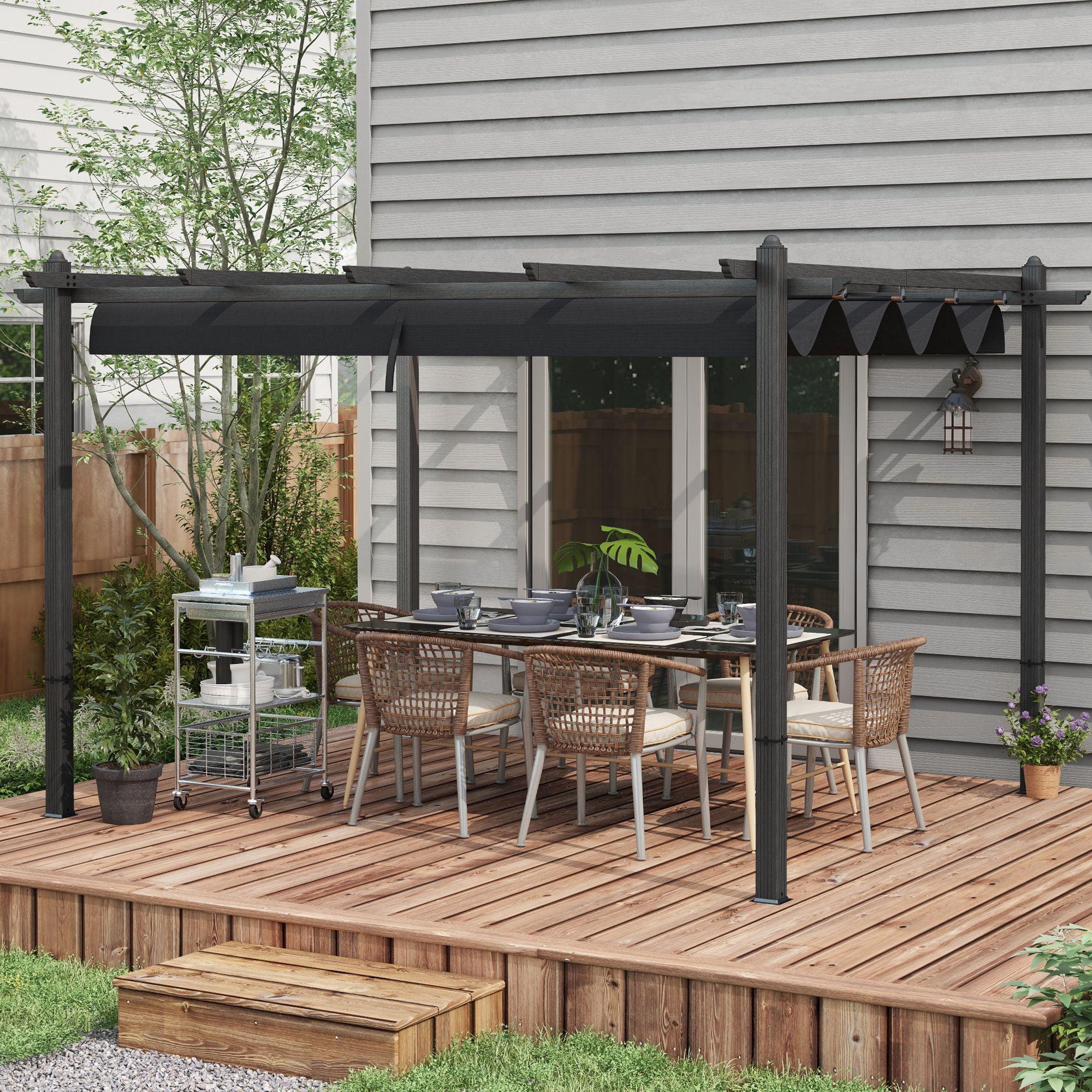 Outsunny 10' x 12' Outdoor Retractable Pergola, Heavy Duty Wood Grain Aluminum with Weather Resistant Fabric Sun Shade Canopy, Patio Shelter, Gray