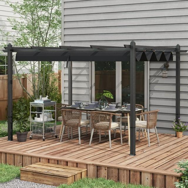Outsunny 10' x 12' Outdoor Retractable Pergola, Heavy Duty Wood Grain Aluminum with Weather Resistant Fabric Sun Shade Canopy, Patio Shelter, Gray