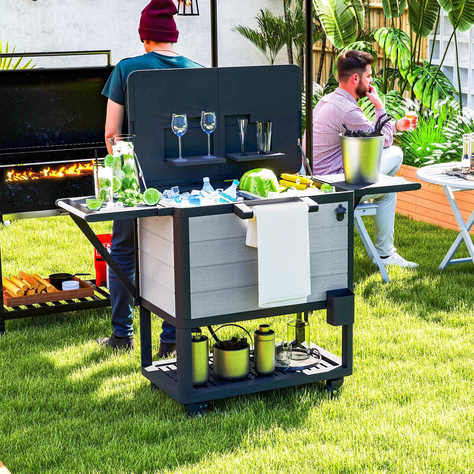 Outsunny 104 Quart Patio Cooler Cart, Outdoor Beverage Rolling Ice Chest with Bottle Opener and Shelves for Pool Deck BBQ Cookouts Party, Gray
