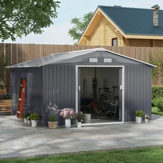 Outsunny 11' x 12.6' Metal Storage Shed Organizer, Garden Tool House with 4 Vents and 2 Sliding Doors for Backyard, Patio, Garage, Lawn, Dark Gray