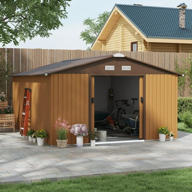 Outsunny 11' x 13' Metal Storage Shed Organizer, Garden Tool House with 4 Vents and 2 Sliding Doors for Backyard, Patio, Garage, Lawn, Yellow