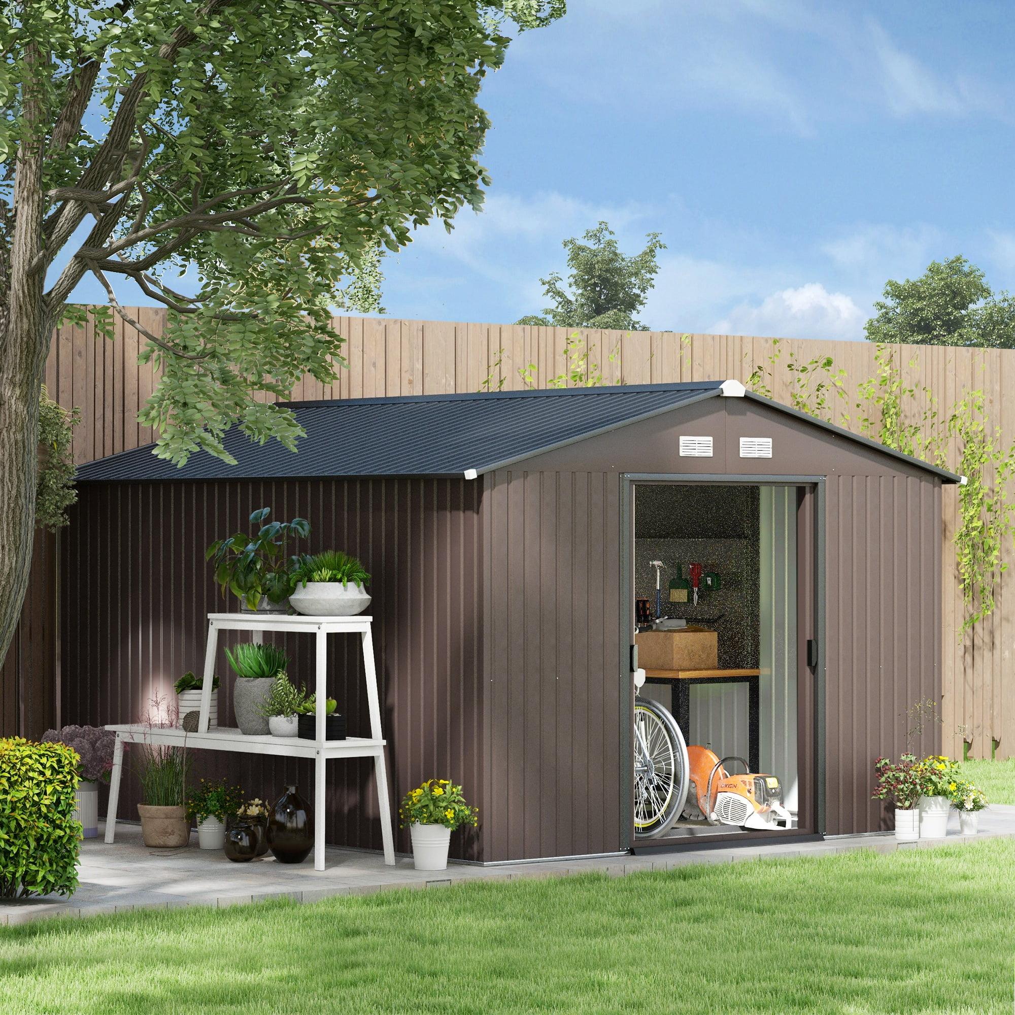 Outsunny 11' x 9' Brown Metal Storage Shed Kit with Windows