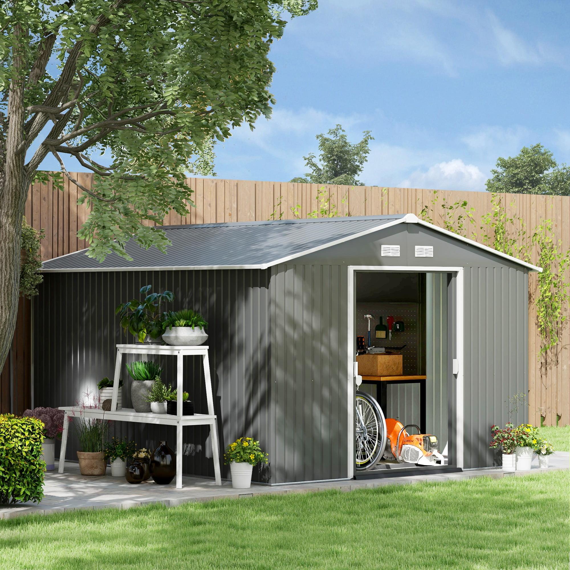 Outsunny 11' x 9' Metal Storage Shed Garden Tool House with Double Sliding Doors, 4 Air Vents for Backyard, Patio