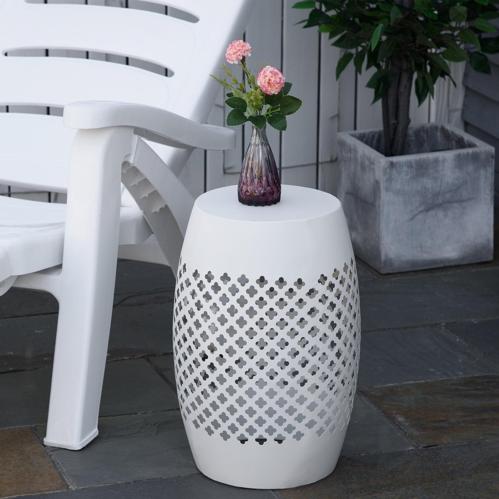 White Steel Round Patio End Table with Hollow Drum Design