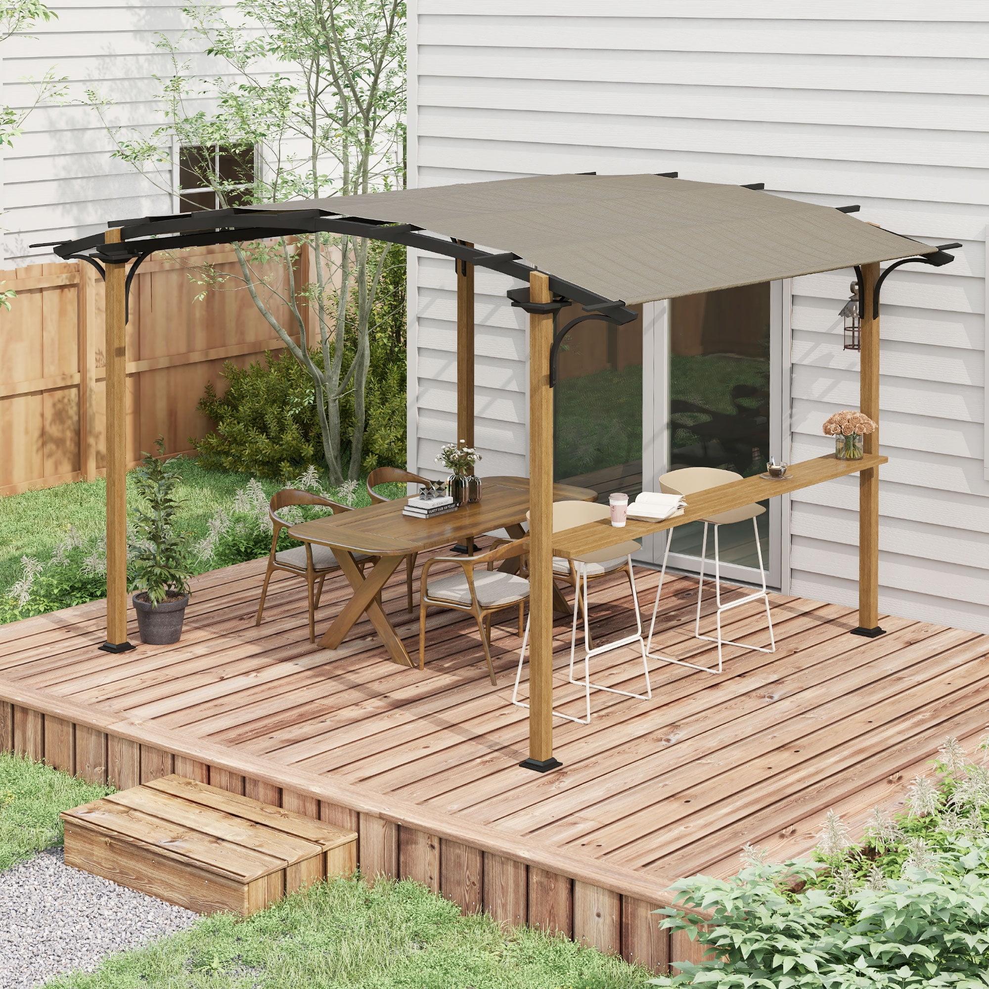 Outsunny 12' x 10' Outdoor Pergola with Bar Counter, Sun Shade Canopy, Aluminum and Steel Frame for Garden, Lawn, Backyard, and Deck, Natural