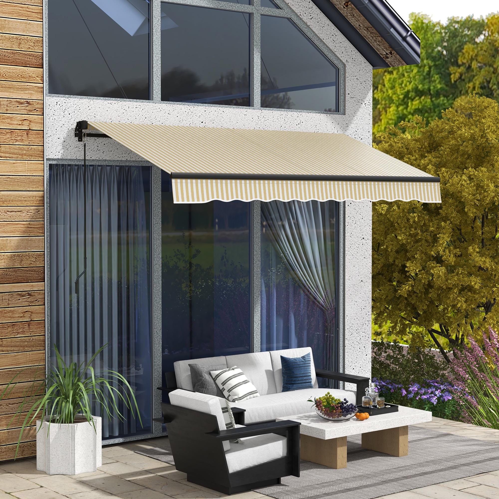 Beige and White Retractable Patio Awning with Manual Crank