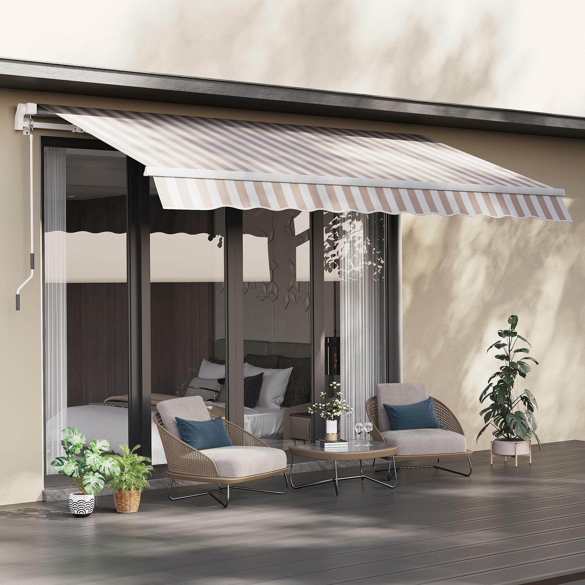 Beige 12' x 8' Retractable Aluminum Patio Awning with Manual Crank